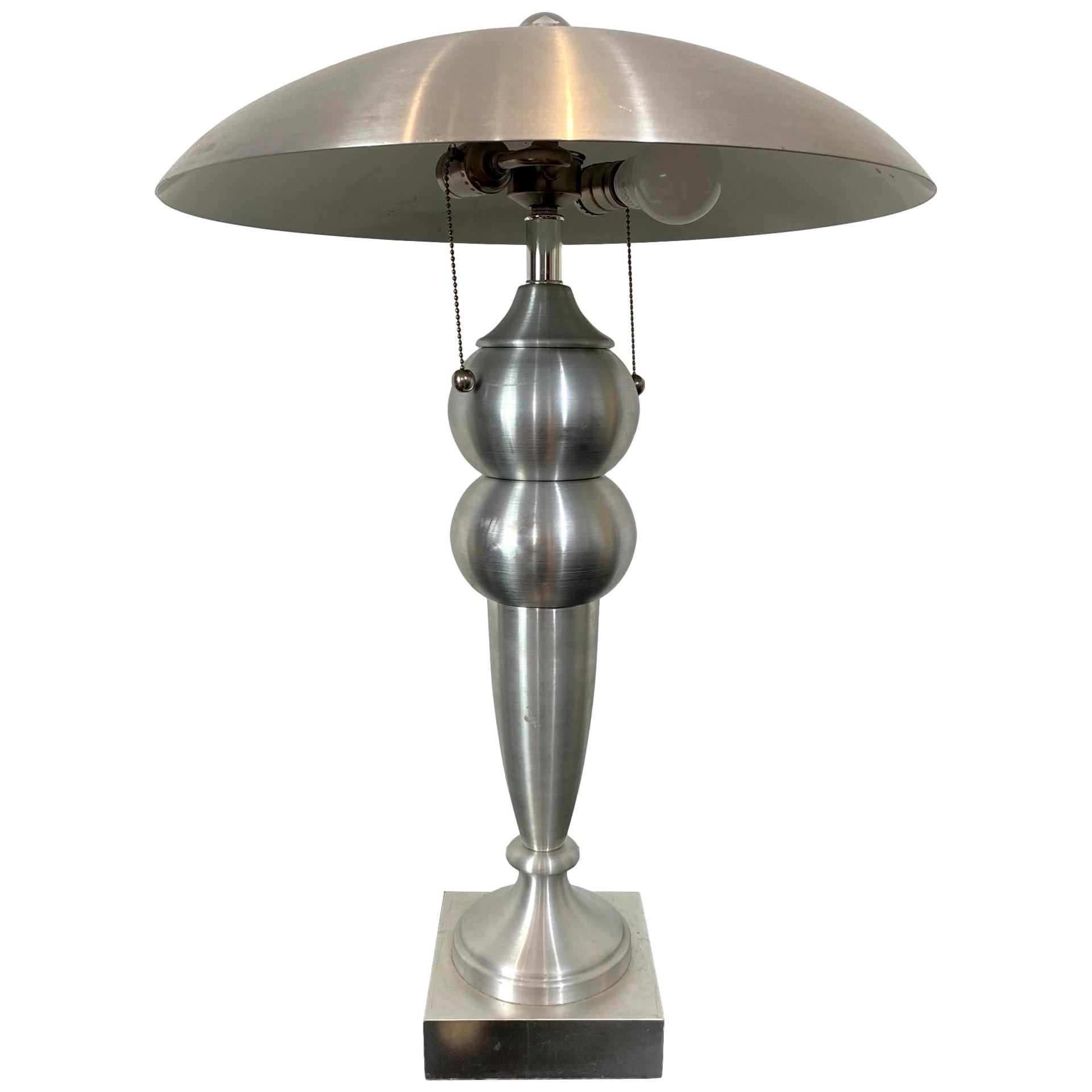 Mid-Century Modern Brushed Aluminum Lamp and Shade with Lucite Finial, French For Sale