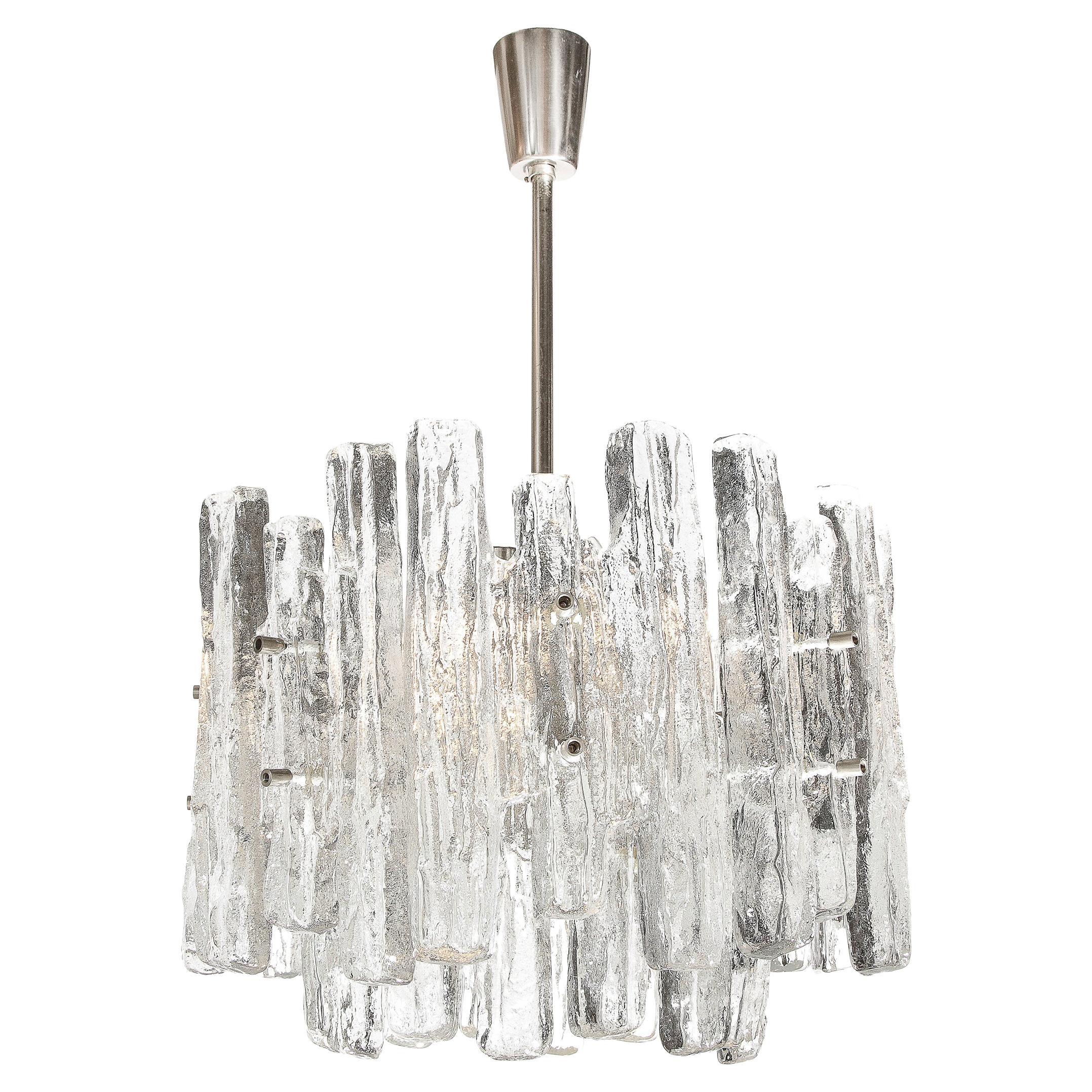 Mid-Century Modern Brushed Aluminum & Translucent Murano Glass Chandelier