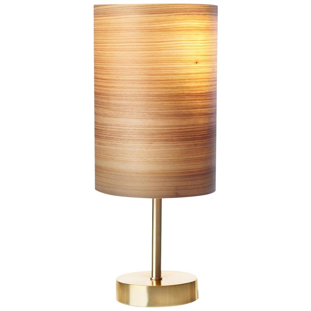 Mid-Century Modern Brushed Brass Table Lamp with Wood Veneer Shade