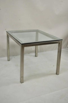 Mid Century Modern Brushed Metal Glass Top Milo Baughman Style Side Table