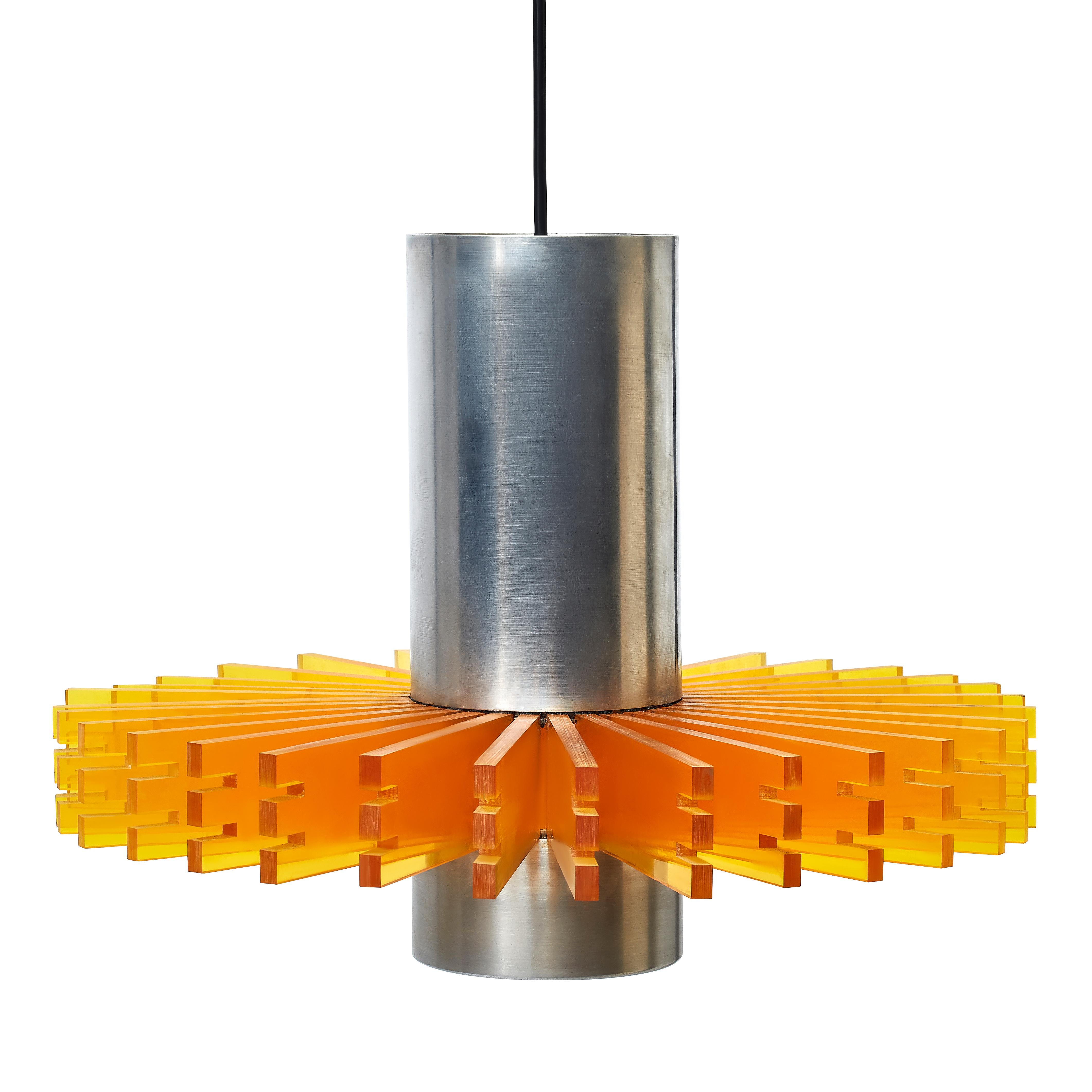 Mid-Century Modern brushed steel pendant lamp with orange plexi decorative detail. and brushed steel ceiling fixing.