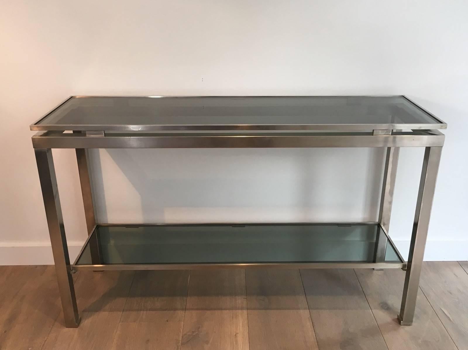 French Mid-Century Modern Brushed Steel Console by Guy Lefèvre for Maison Jansen