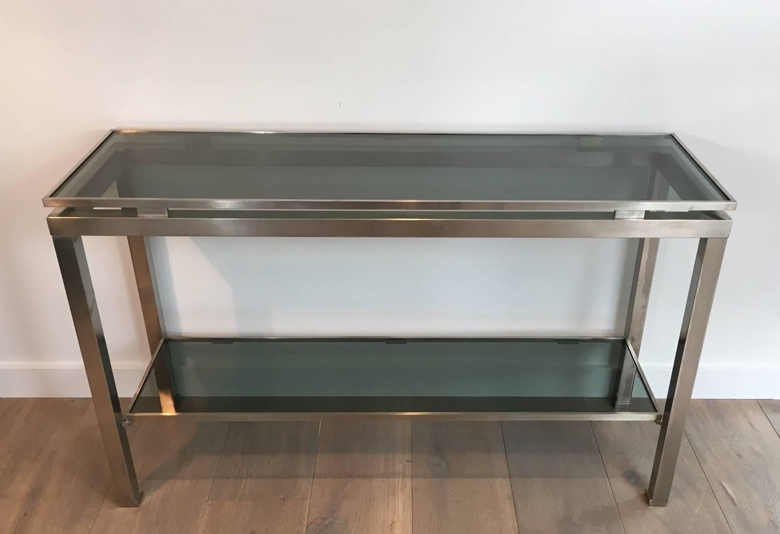 Mid-Century Modern Brushed Steel Console by Guy Lefèvre for Maison Jansen In Excellent Condition In Buchanan, NY