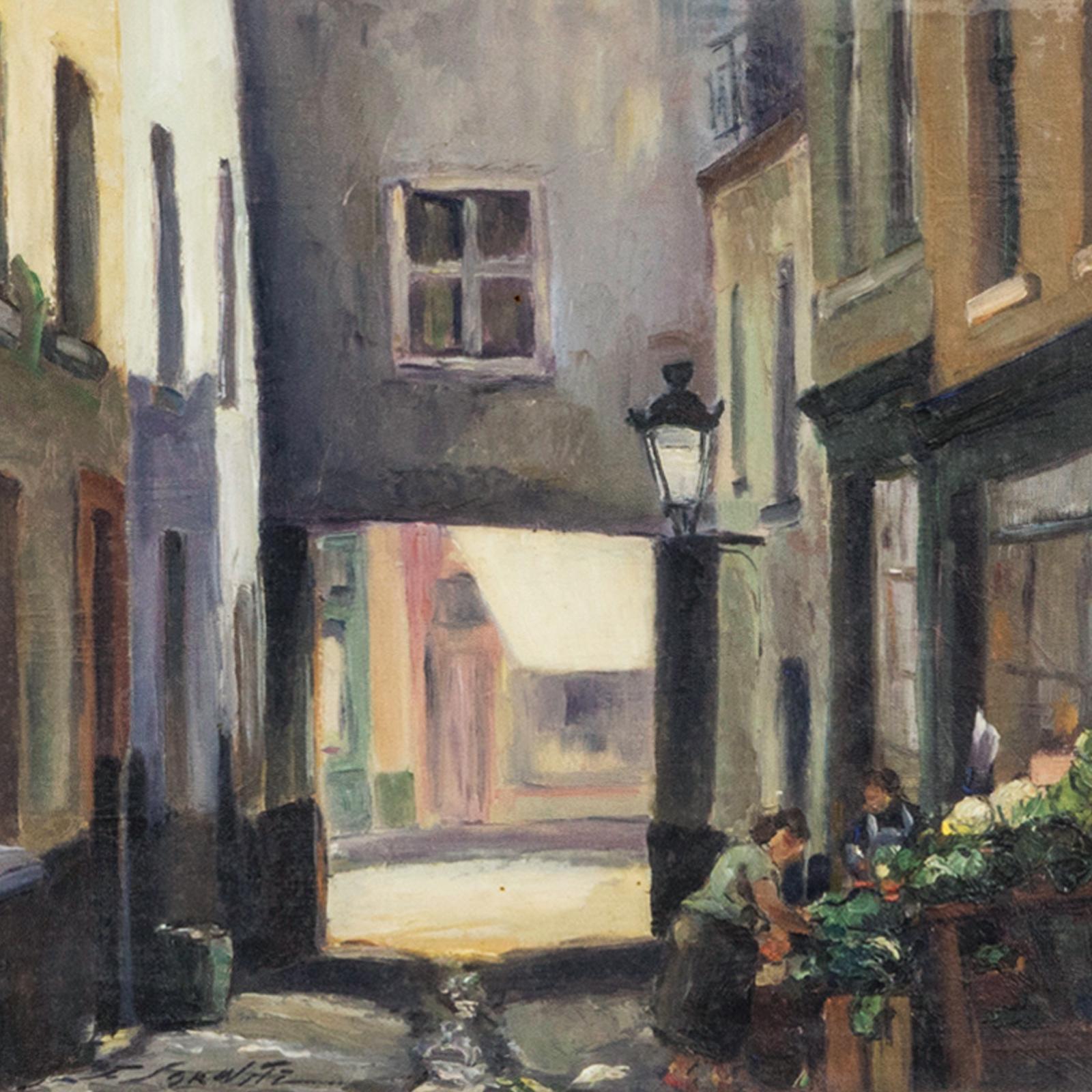 Oil painting capturing a narrow street or alleyway in Brussels, adorned with houses and a small grocery stand featuring two ladies.

The artwork is signed by F. Jorwitz, Ferdinand Jorwitz being a Belgian painter (1897 - 1979) known for his