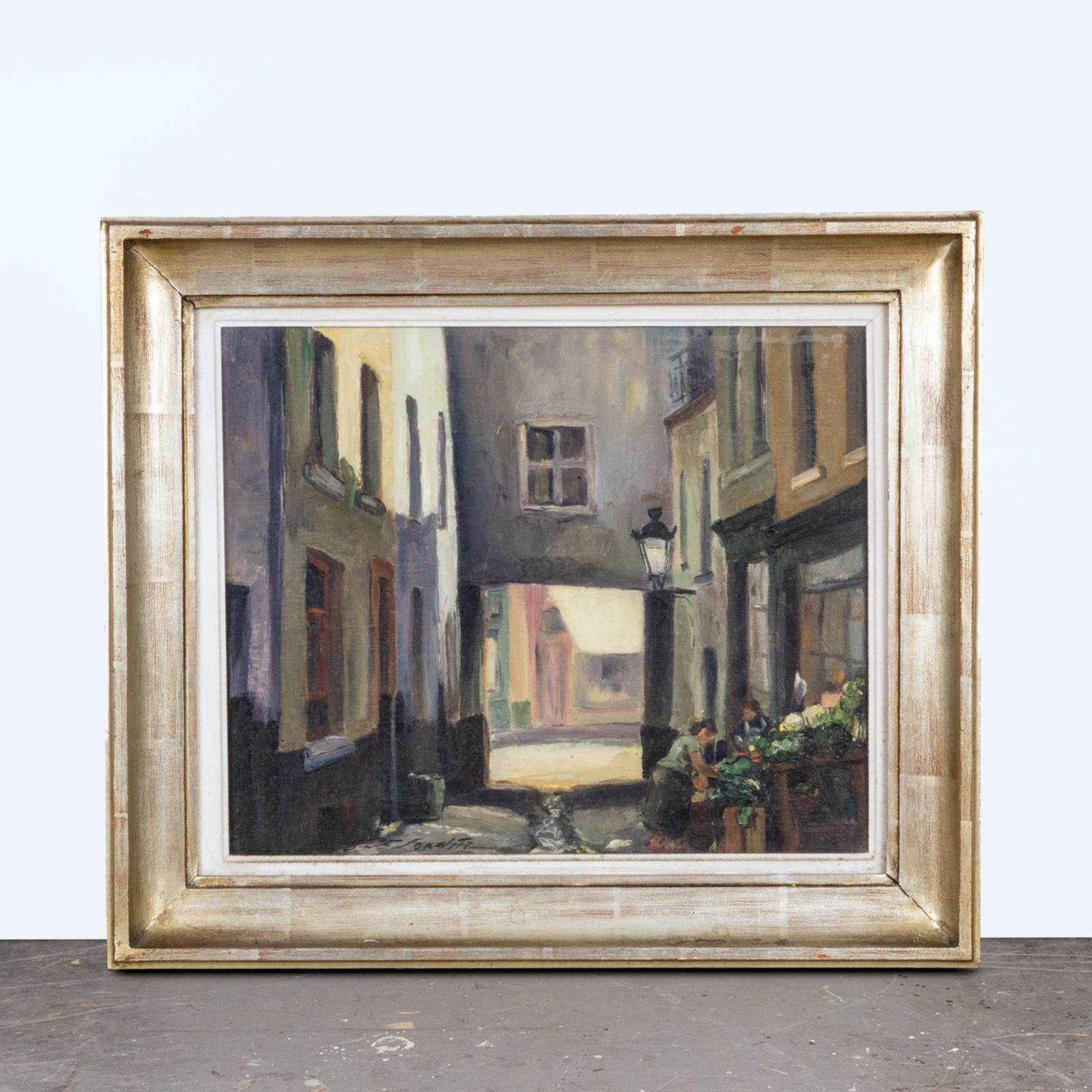 Mid-Century Modern Brussels Street Scene Oil Painting, Framed with Glass In Good Condition For Sale In AMSTERDAM, NH