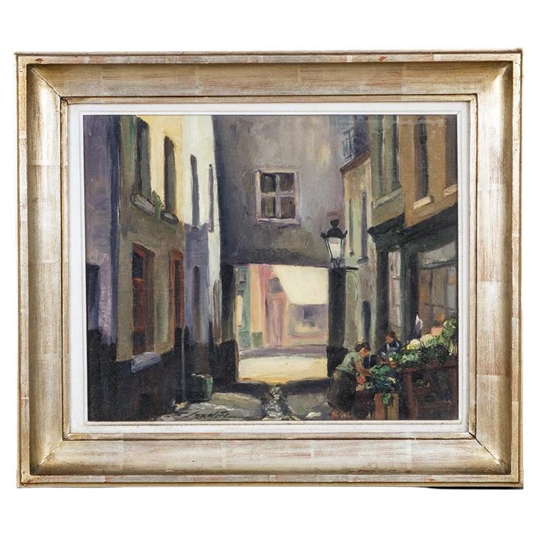 Mid-Century Modern Brussels Street Scene Oil Painting, Framed with Glass For Sale