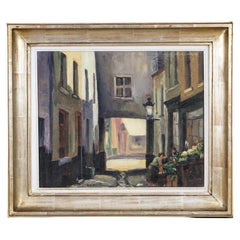 Peinture à l'huile de scène de rue de Bruxelles, moderne du milieu du siècle dernier, encadrée de verre