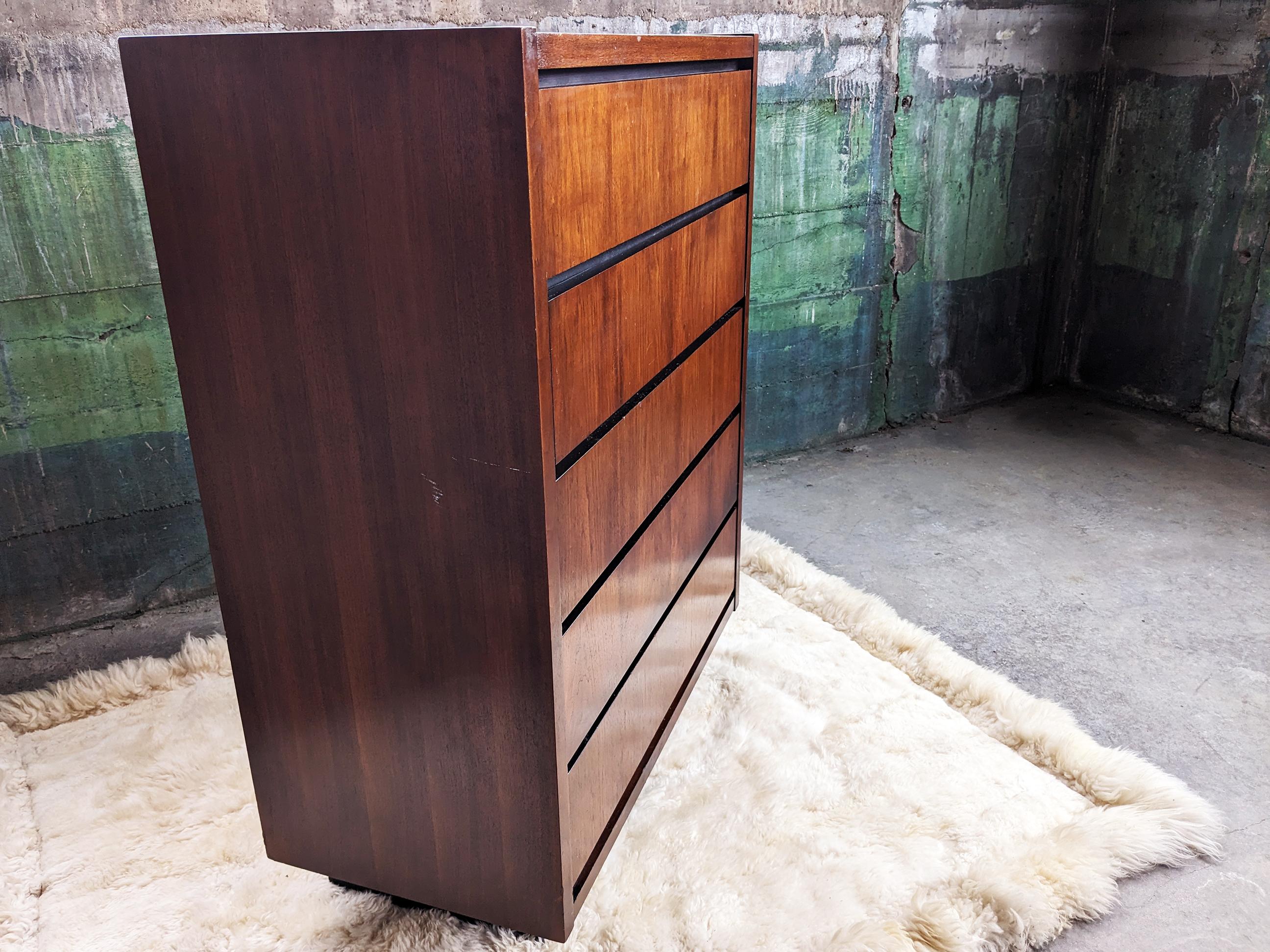 Walnut Mid-Century Modern Lane Furniture Brutalist 1970s Tallboy Dresser Storage For Sale