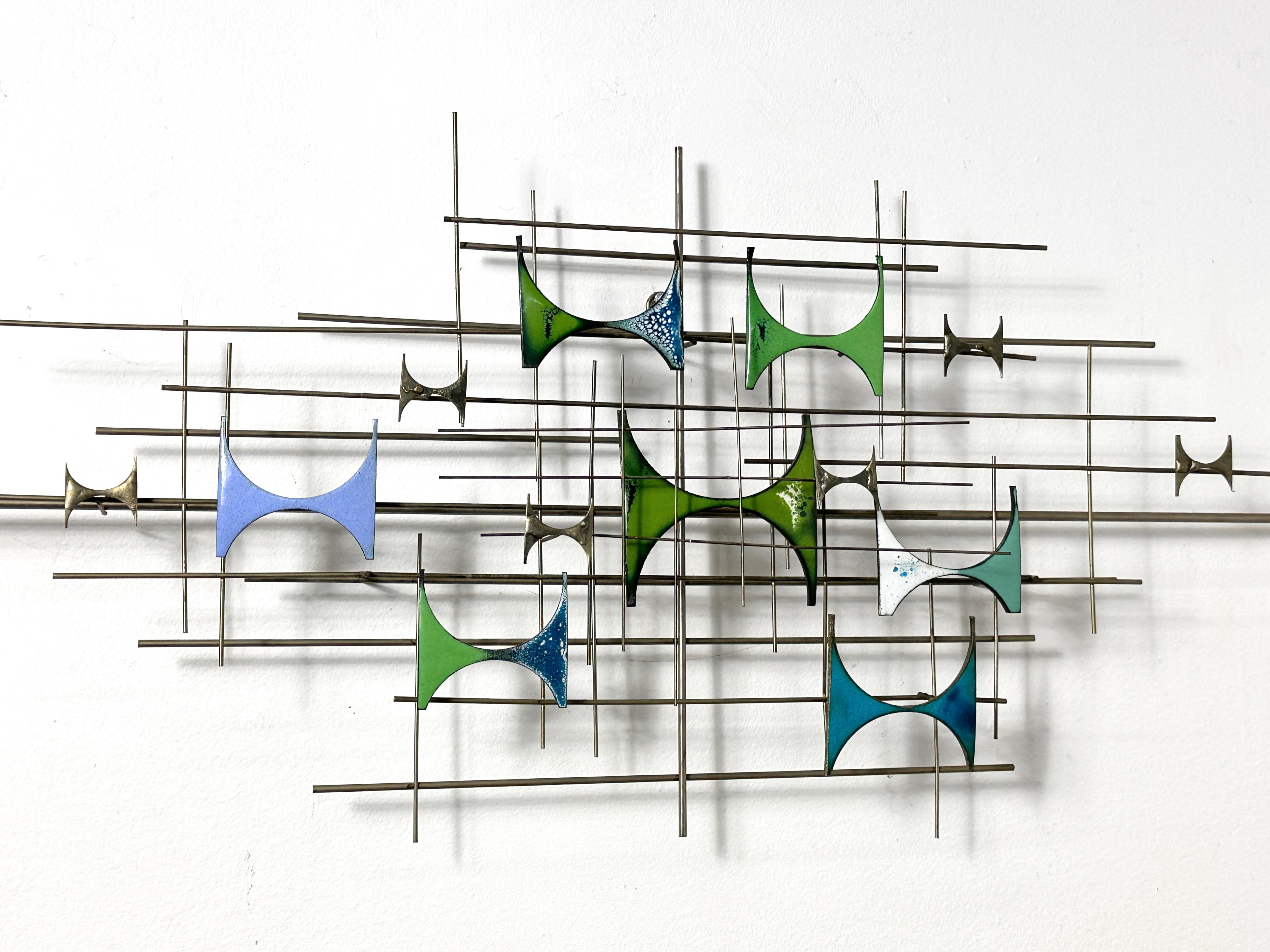 Mid Century Modern Brutalist Abstract Brass and Enamel Wall Sculpture 1960s For Sale 5
