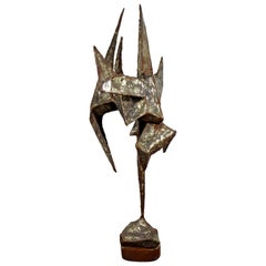 Mid-Century Modern Brutalist Abstract Metal Table Sculpture Wood Base, 1960s