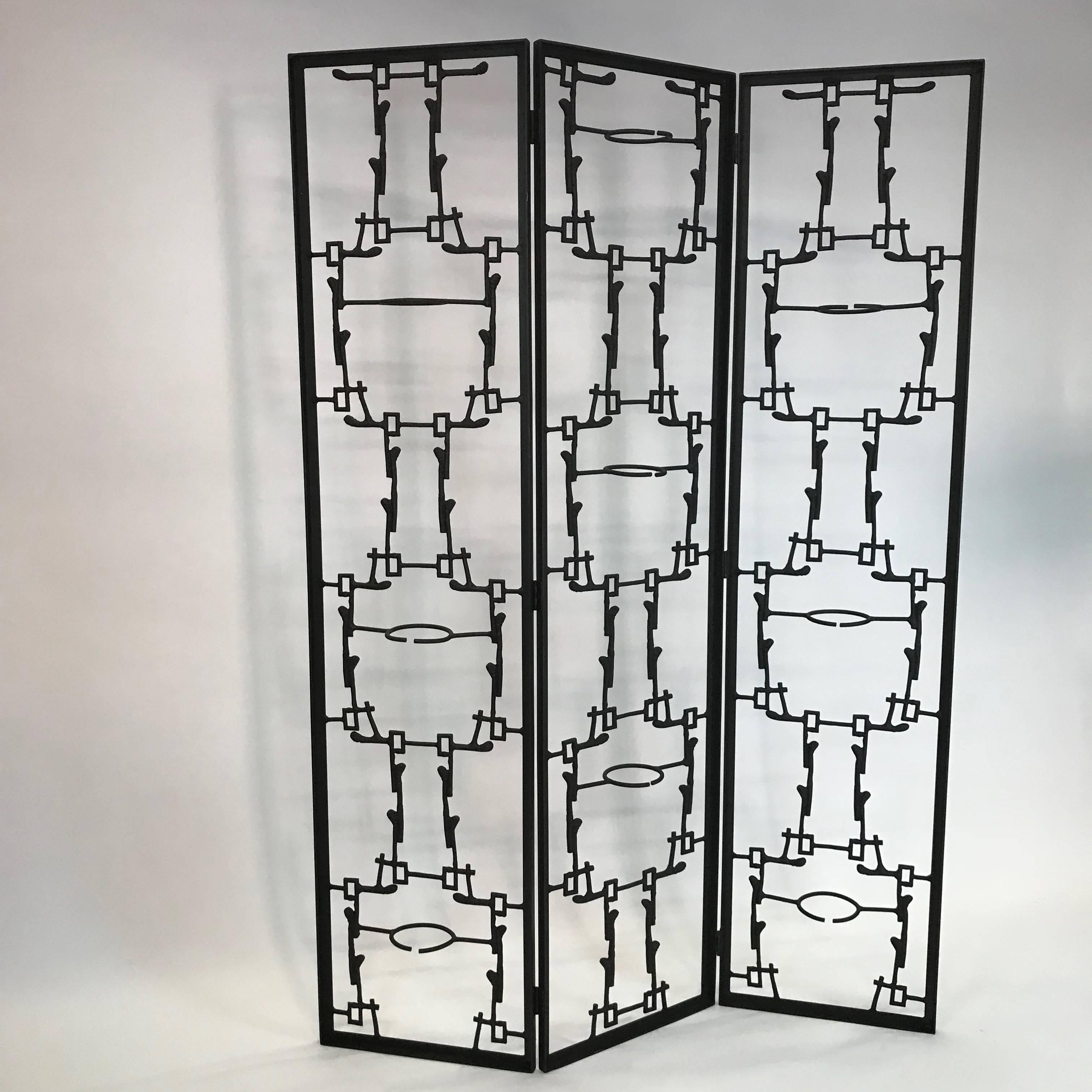 Striking, Mid-Century Modern, Brutalist, abstract, room divider or screen comprised of three 20 inch, painted aluminium panels that feature centre rings within the design to hold vessels of plants, etc.