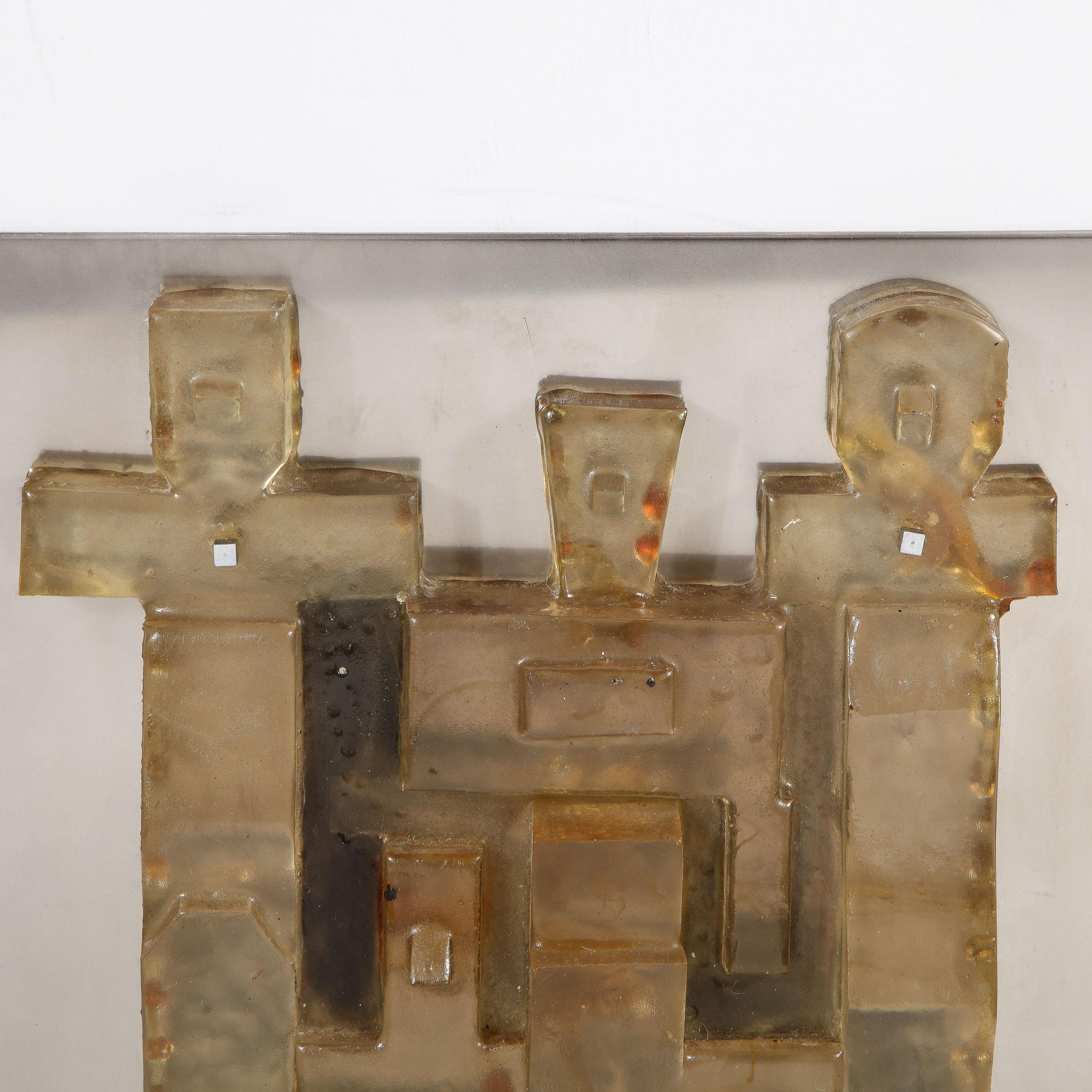 American Mid-Century Modern Brutalist Amber Lucite and Brushed Aluminum Wall Sculpture For Sale