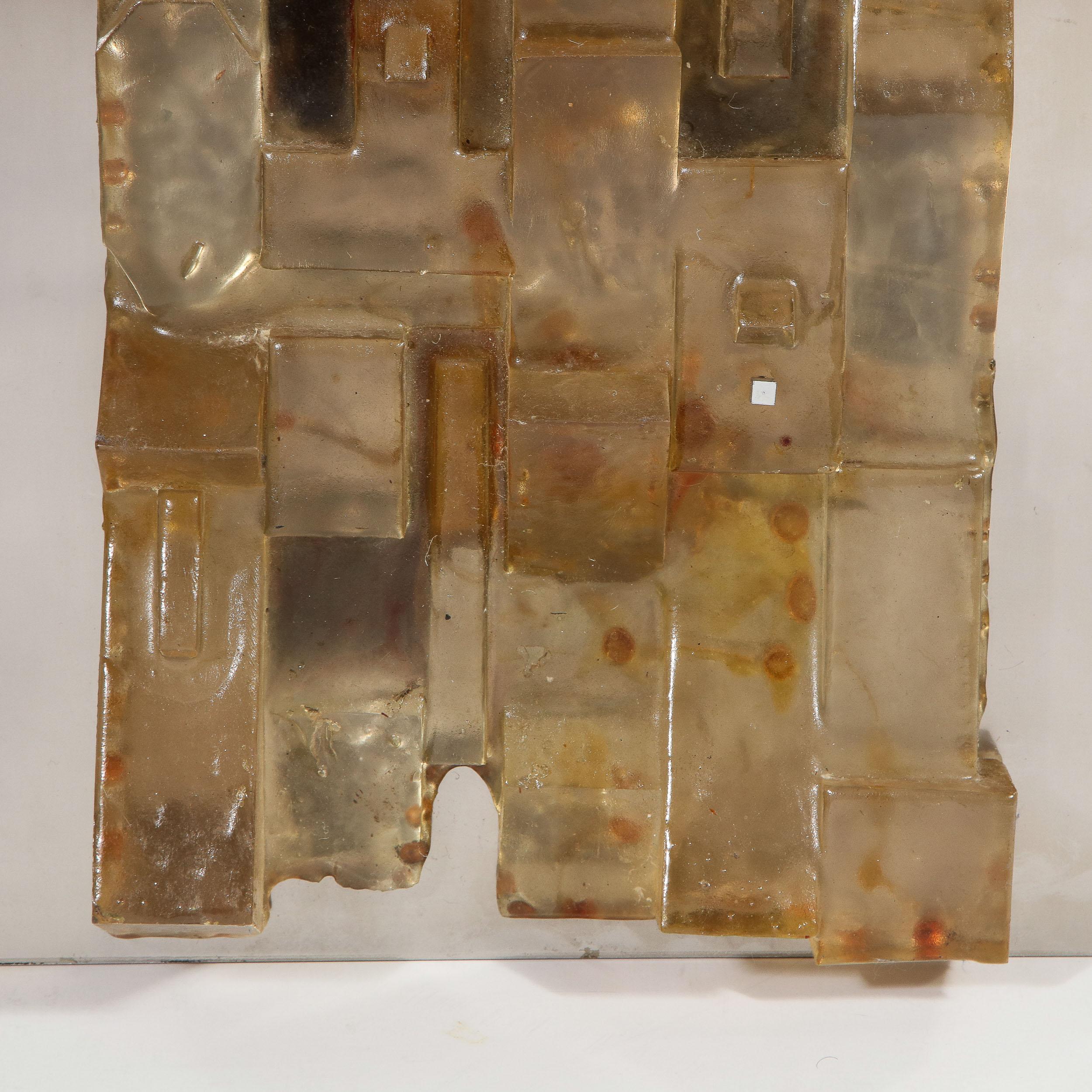 Late 20th Century Mid-Century Modern Brutalist Amber Lucite and Brushed Aluminum Wall Sculpture For Sale