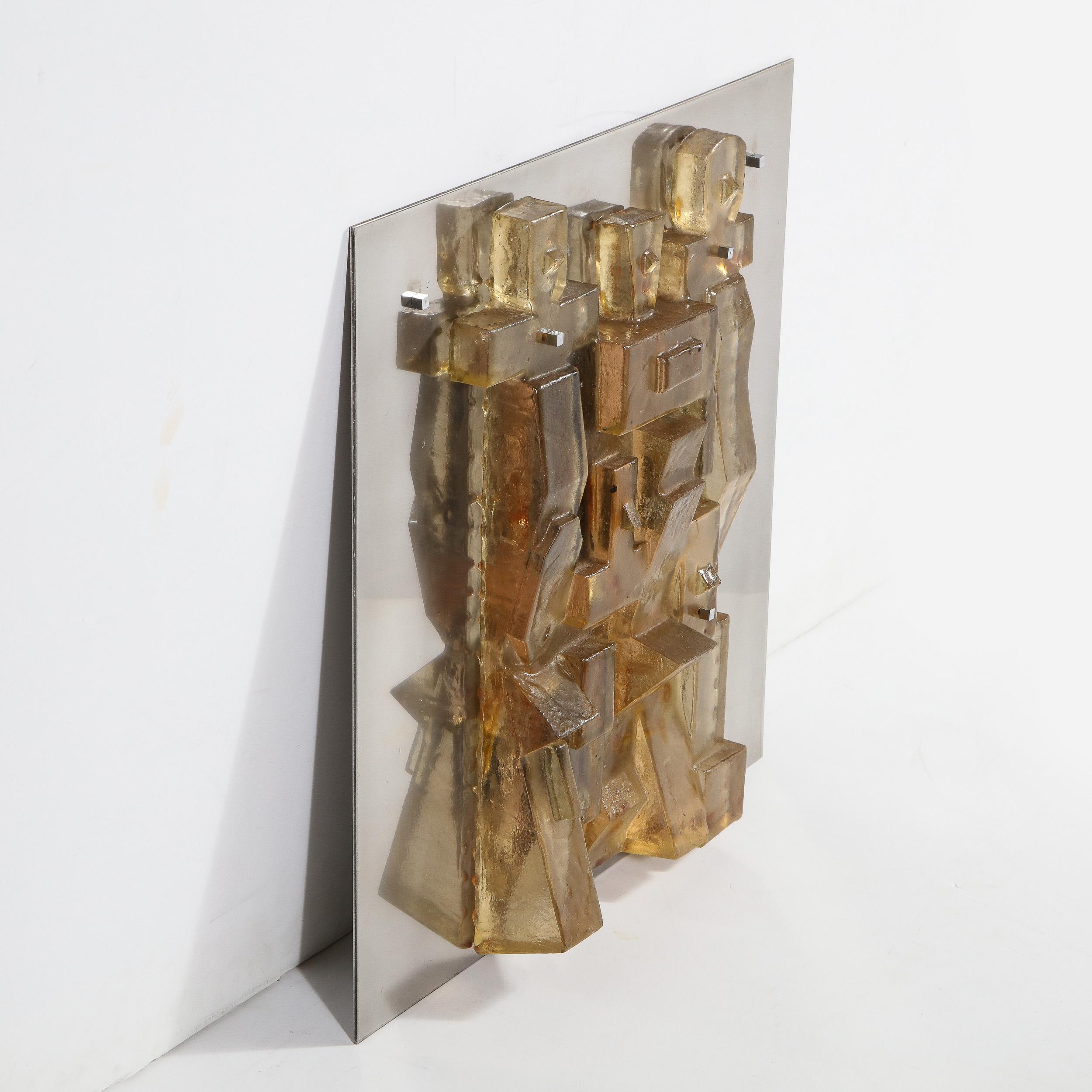 Mid-Century Modern Brutalist Amber Lucite and Brushed Aluminum Wall Sculpture For Sale 2