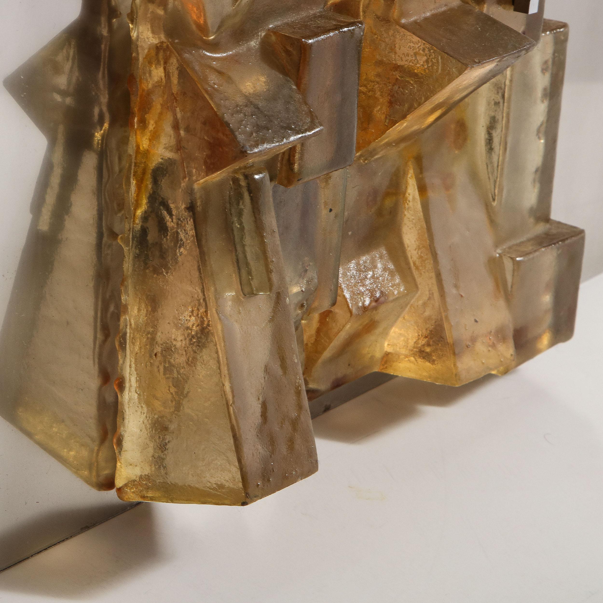 Mid-Century Modern Brutalist Amber Lucite and Brushed Aluminum Wall Sculpture For Sale 3