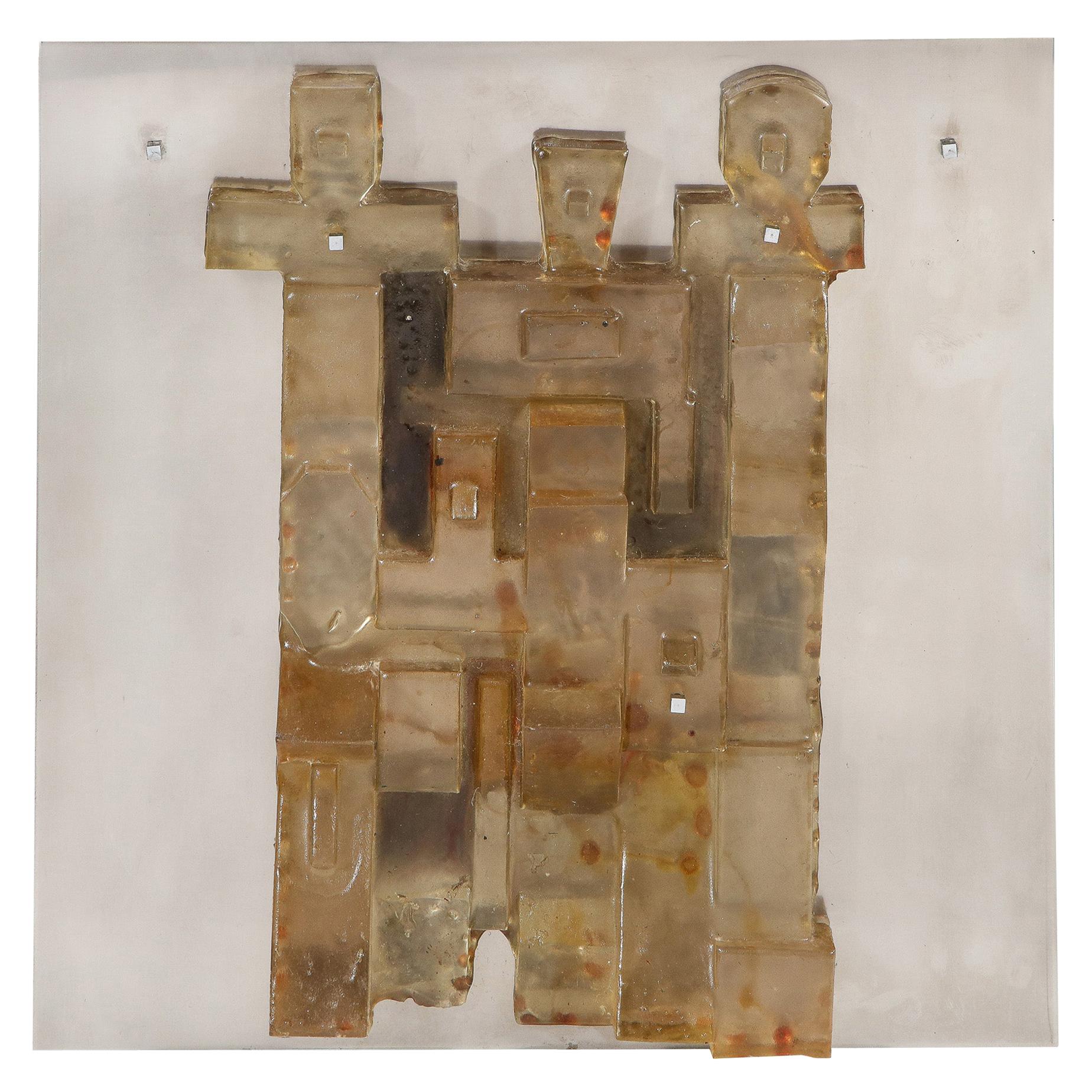 Mid-Century Modern Brutalist Amber Lucite and Brushed Aluminum Wall Sculpture