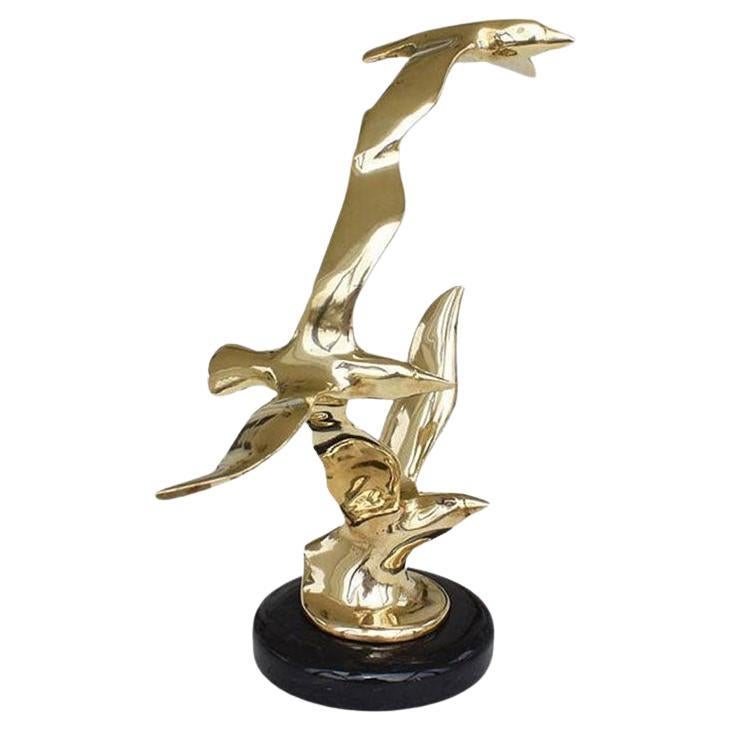 Mid-Century Modern Brutalist Brass Eagle Statue on Stone Base after Curtis Jere For Sale