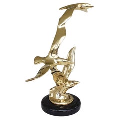 Mid-Century Modern Brutalist Brass Eagle Statue on Stone Base after Curtis Jere