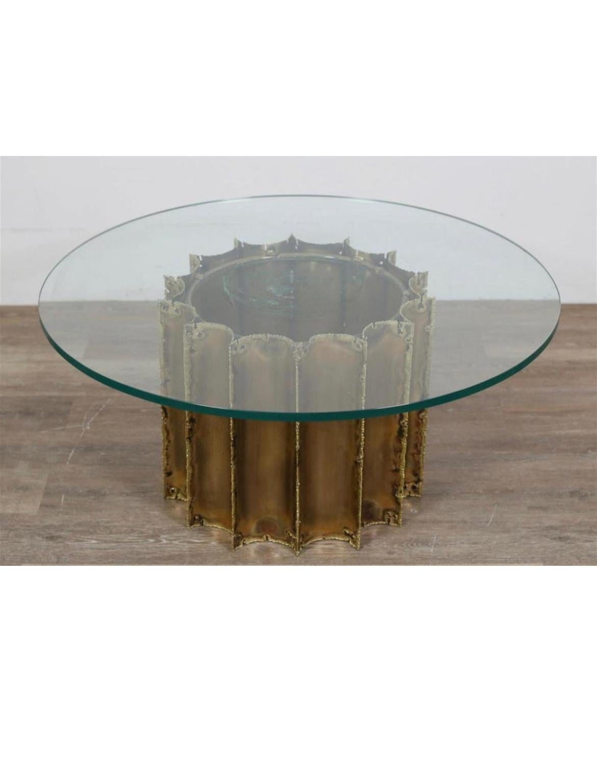 Mid-20th Century Mid-Century Modern Brutalist Brass Glass Coffee Table by Tom Greene For Sale