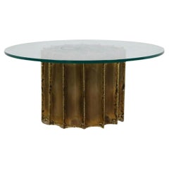 Retro Mid-Century Modern Brutalist Brass Glass Coffee Table by Tom Greene