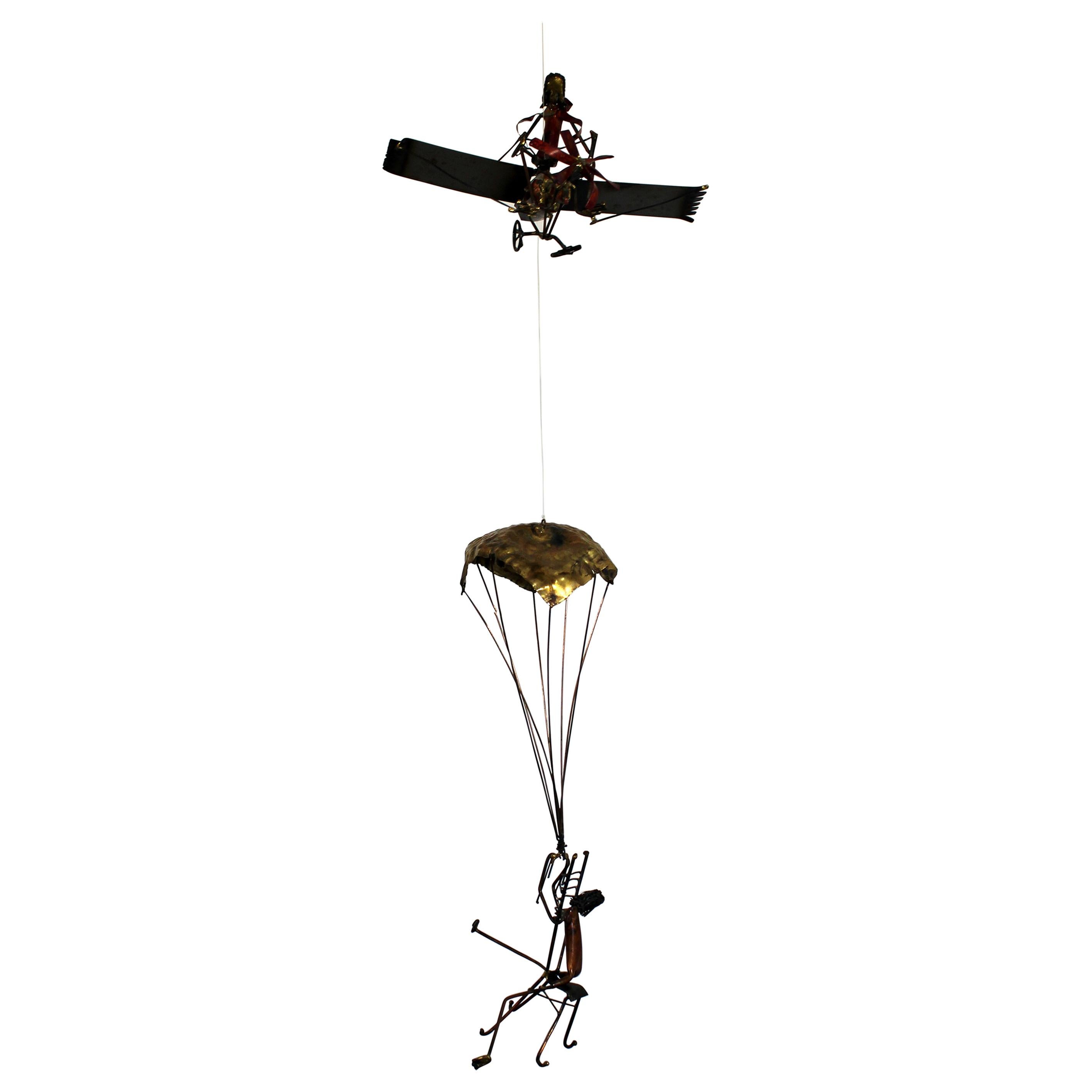 Mid-Century Modern Brutalist Brass Hanging Sculpture 1970s Plane and Parachute