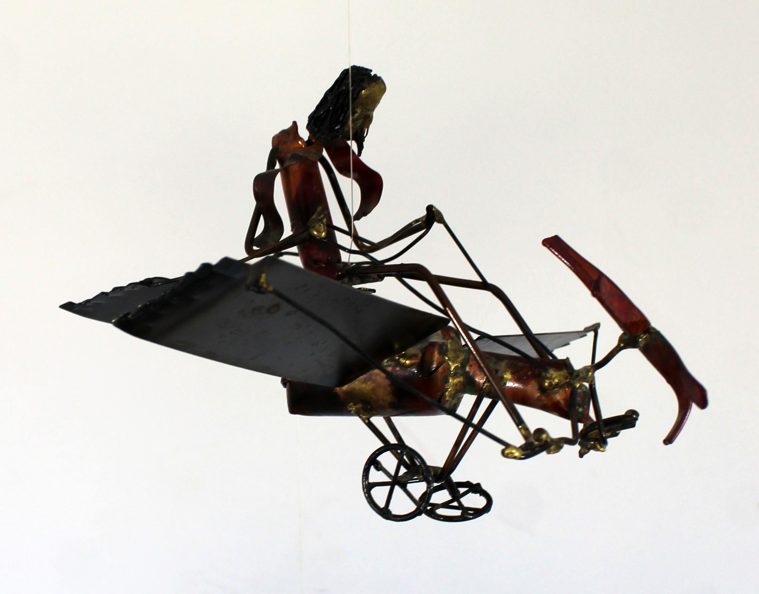 Mid-Century Modern Brutalist Brass Hanging Sculpture 1970s Plane and Parachute 7