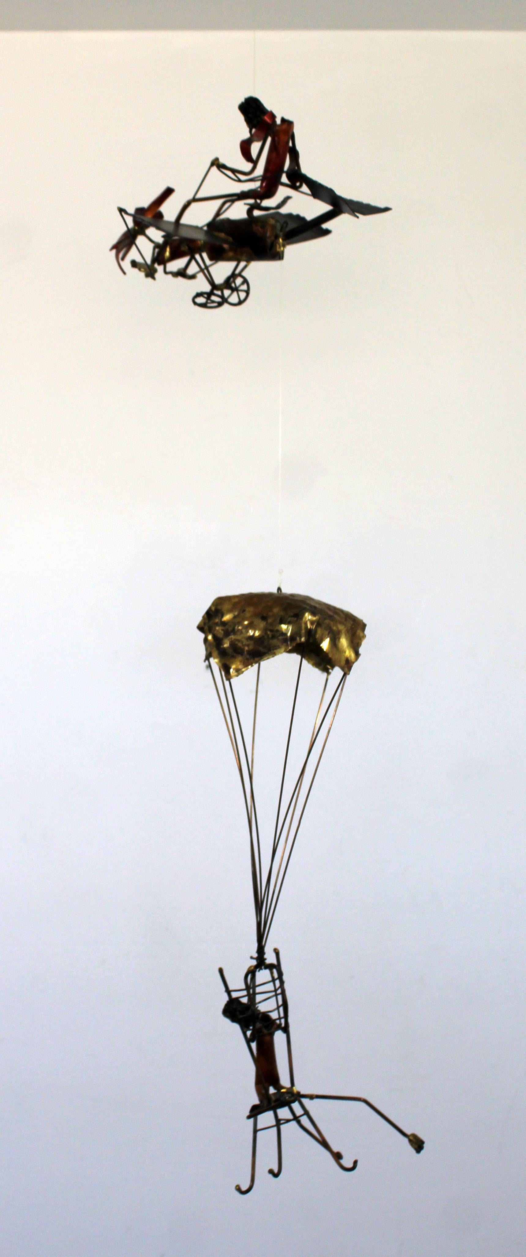 Mid-Century Modern Brutalist Brass Hanging Sculpture 1970s Plane and Parachute In Good Condition In Keego Harbor, MI