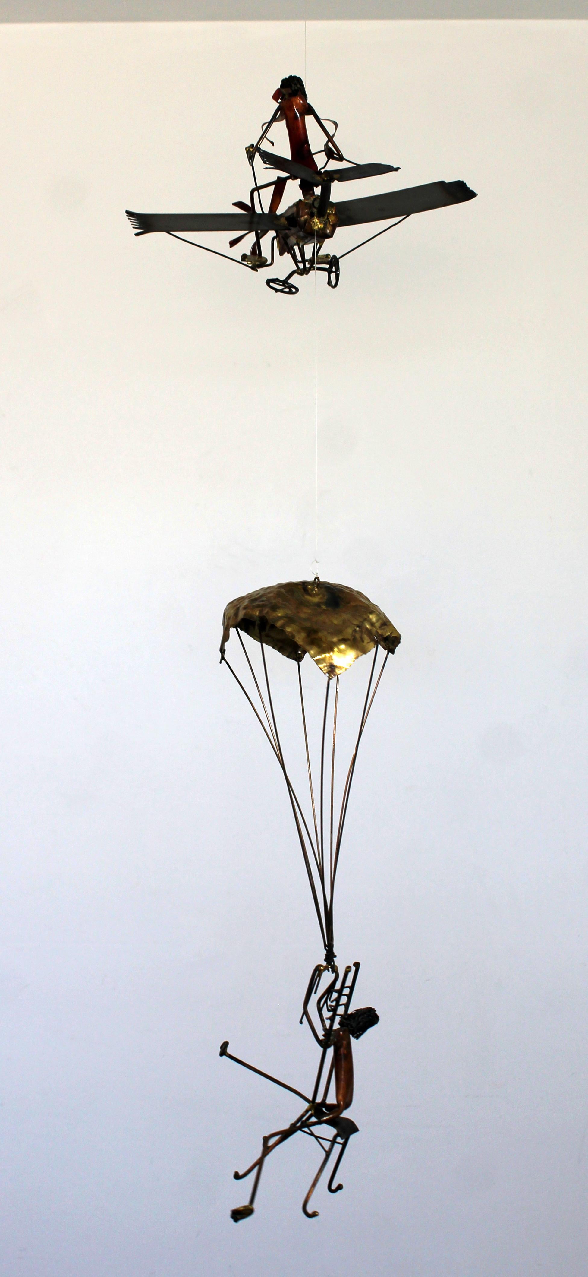 Late 20th Century Mid-Century Modern Brutalist Brass Hanging Sculpture 1970s Plane and Parachute