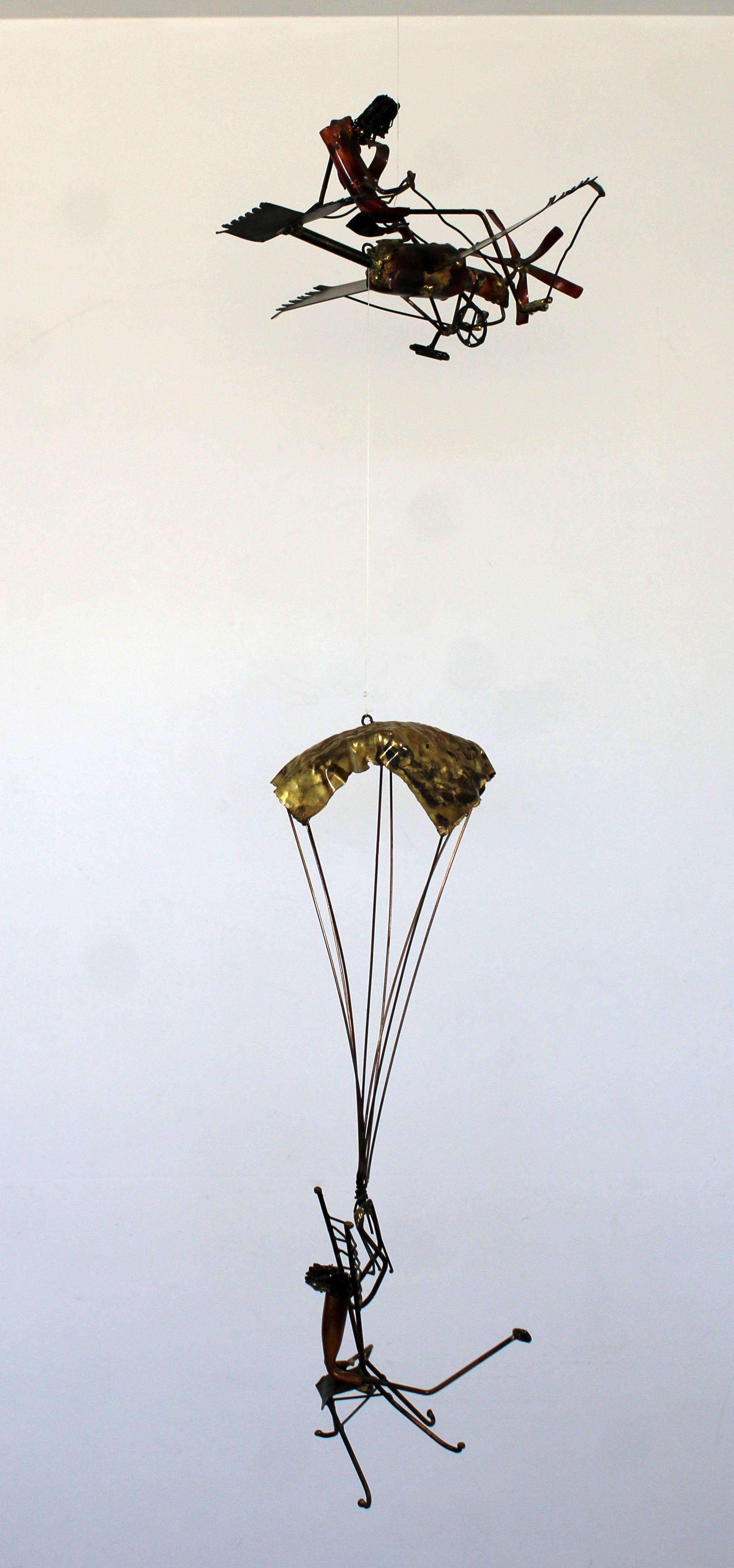 Mid-Century Modern Brutalist Brass Hanging Sculpture 1970s Plane and Parachute 1