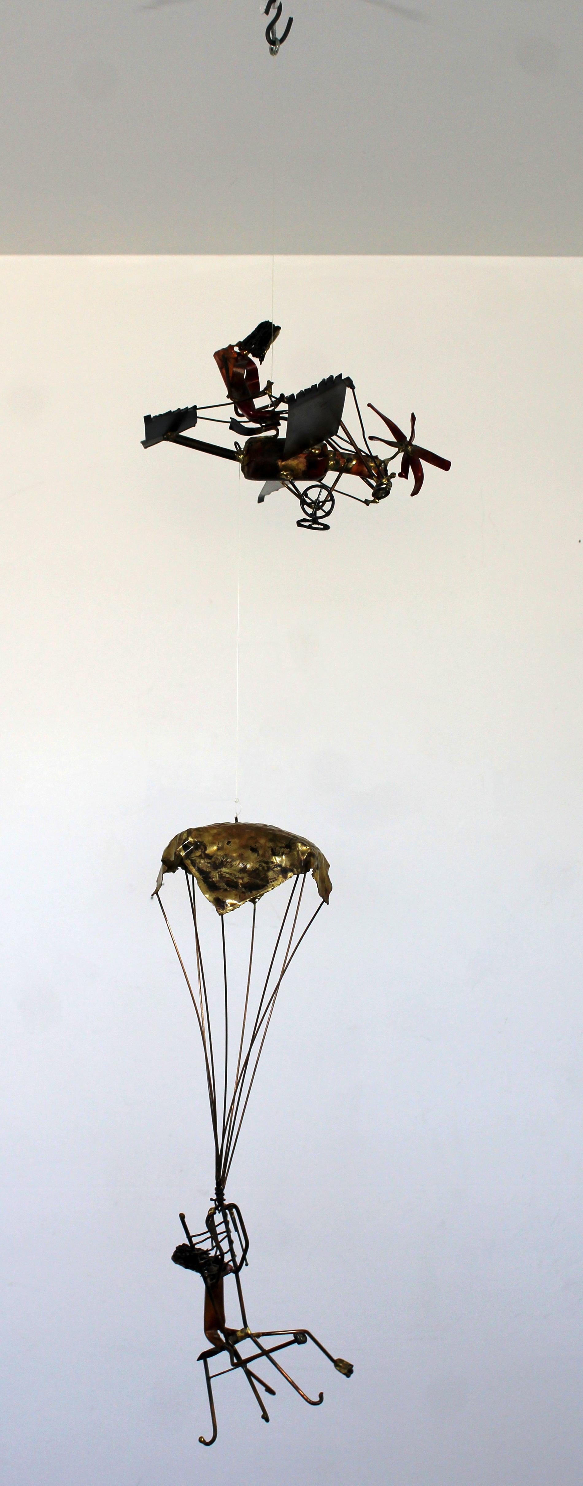 Mid-Century Modern Brutalist Brass Hanging Sculpture 1970s Plane and Parachute 2