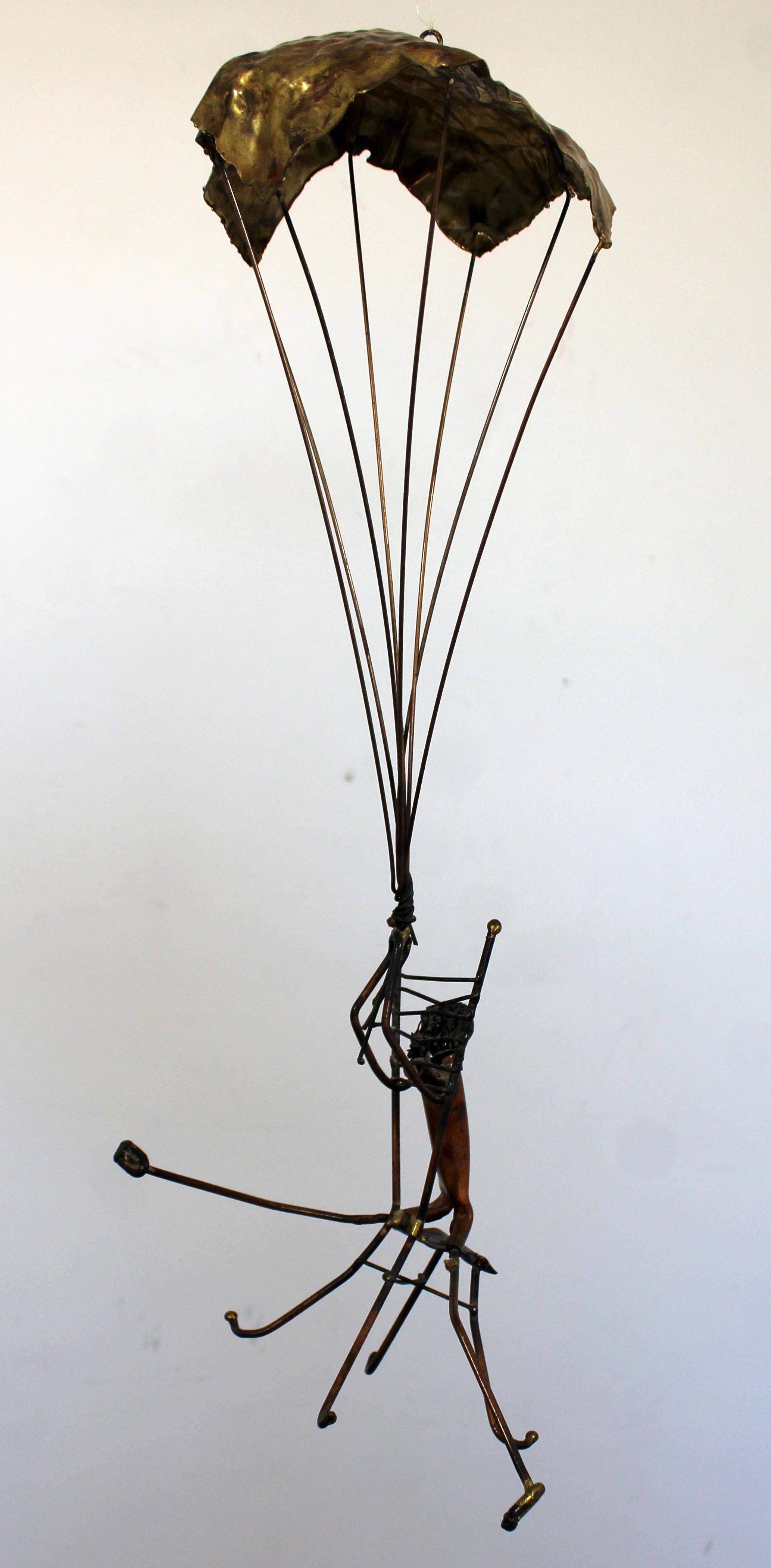 Mid-Century Modern Brutalist Brass Hanging Sculpture 1970s Plane and Parachute 3