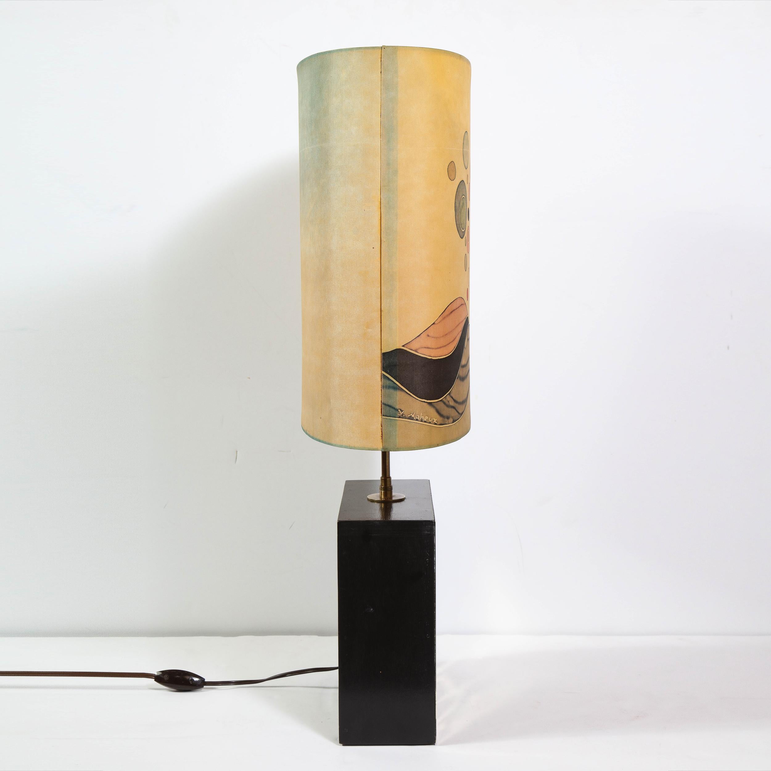 American Mid-Century Modern Brutalist Brass Lamp with Handpainted Maheux Lampshade
