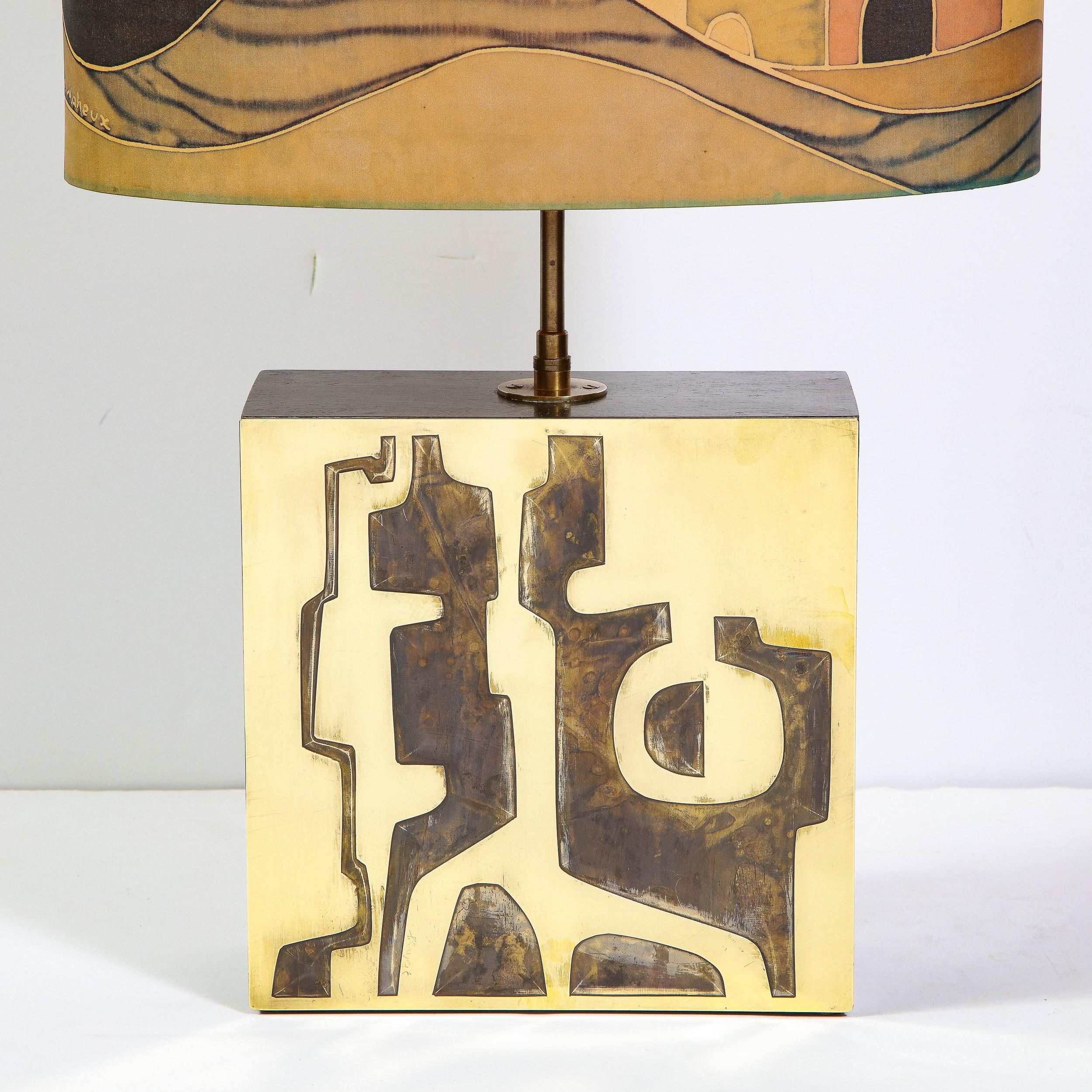 Mid-Century Modern Brutalist Brass Lamp with Handpainted Maheux Lampshade 1