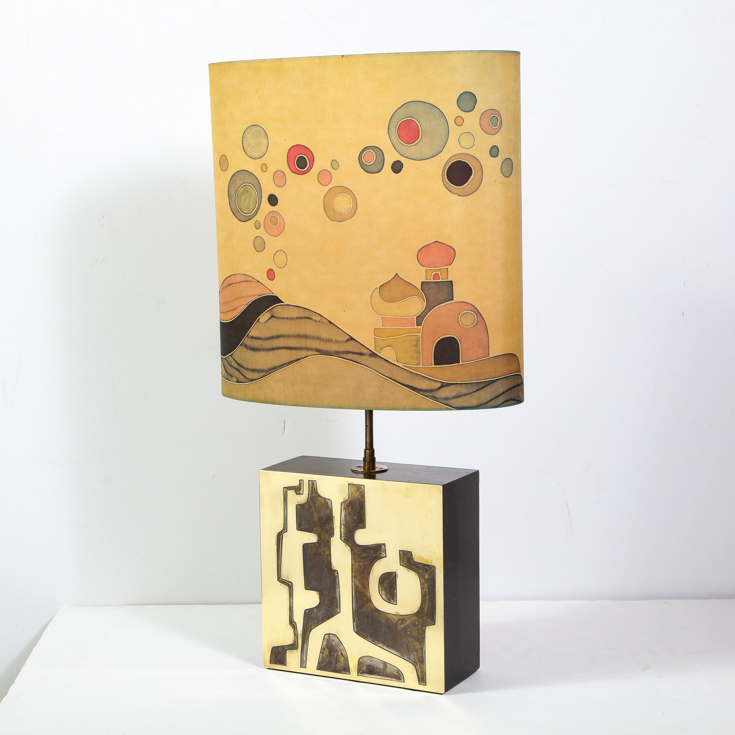 Mid-Century Modern Brutalist Brass Lamp with Handpainted Maheux Lampshade 2