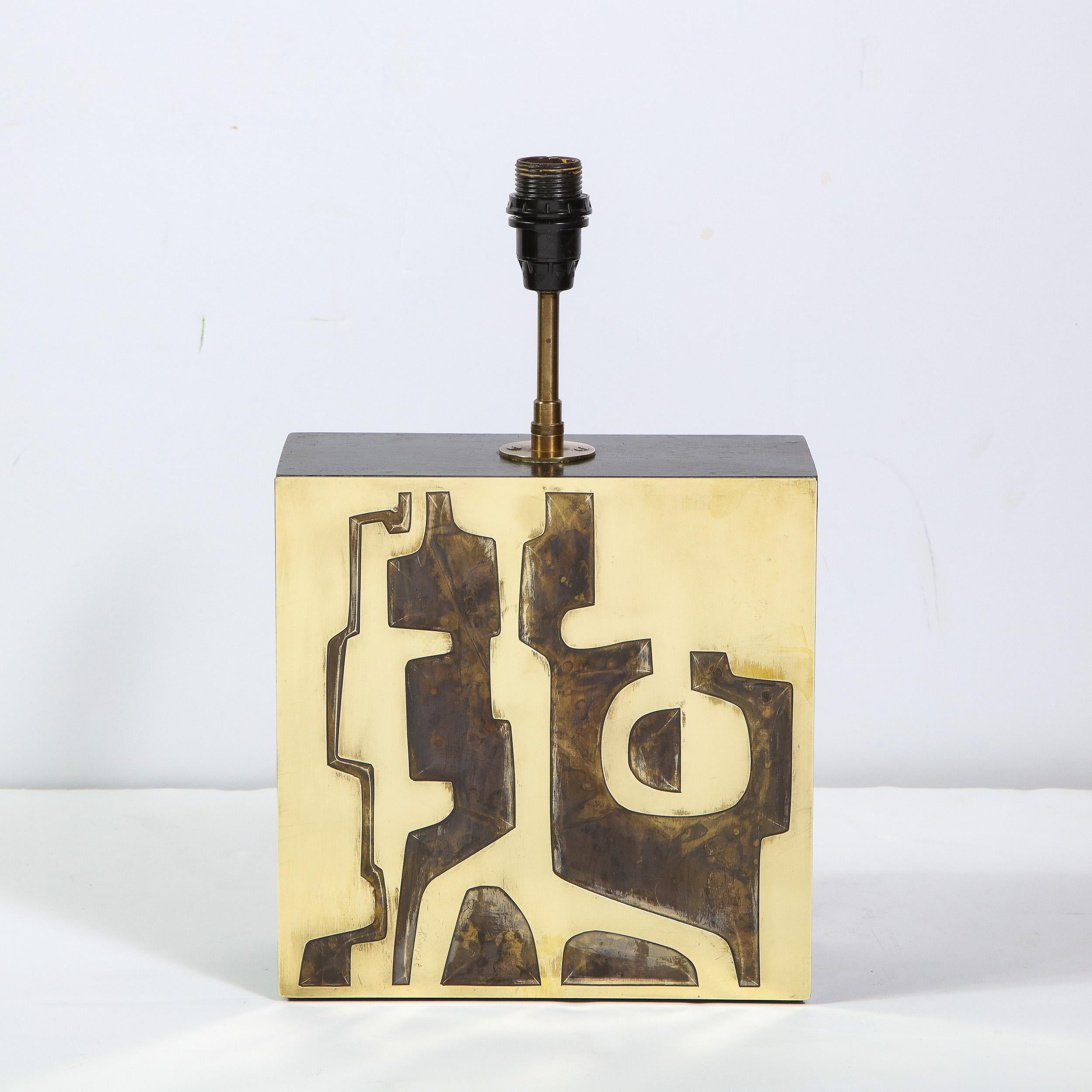Mid-Century Modern Brutalist Brass Lamp with Handpainted Maheux Lampshade 3