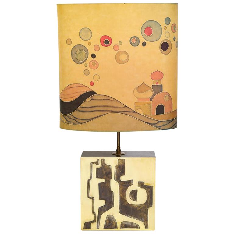 Mid-Century Modern Brutalist Brass Lamp with Handpainted Maheux Lampshade