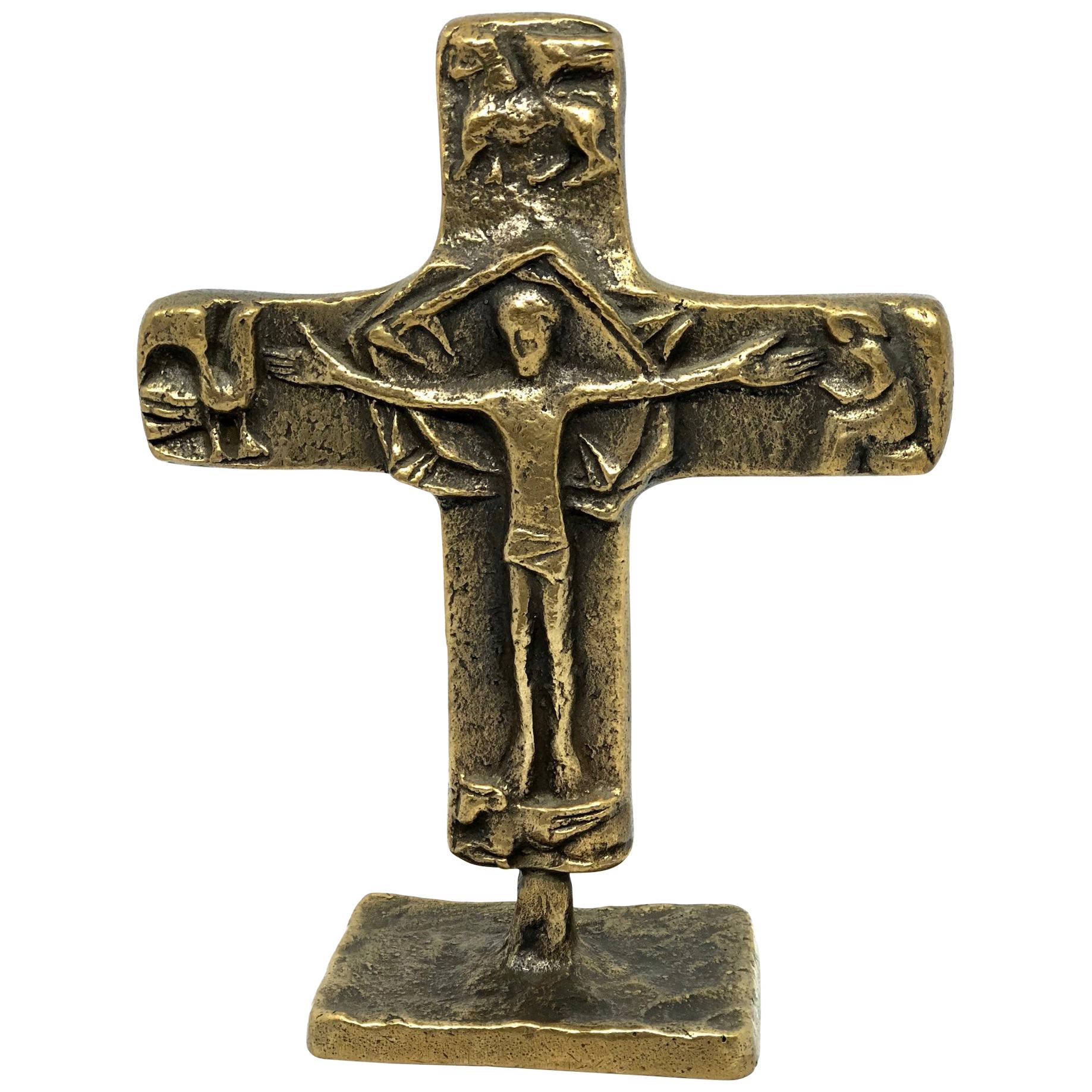 Mid-Century Modern Brutalist Bronze Crucifix Cross Standing Sculpture