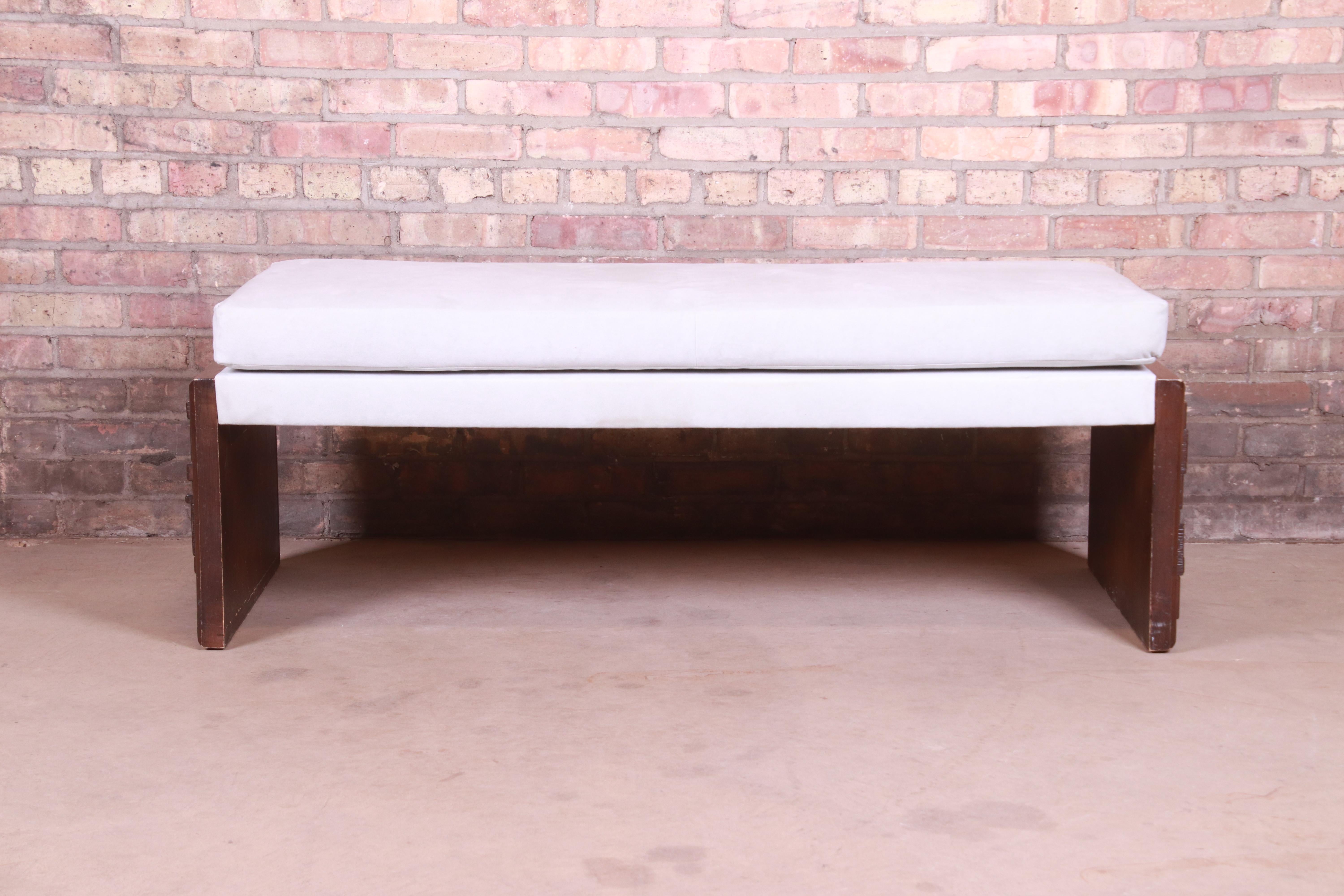 Mid-Century Modern Brutalist Carved Walnut Upholstered Bench, 1973 In Good Condition In South Bend, IN