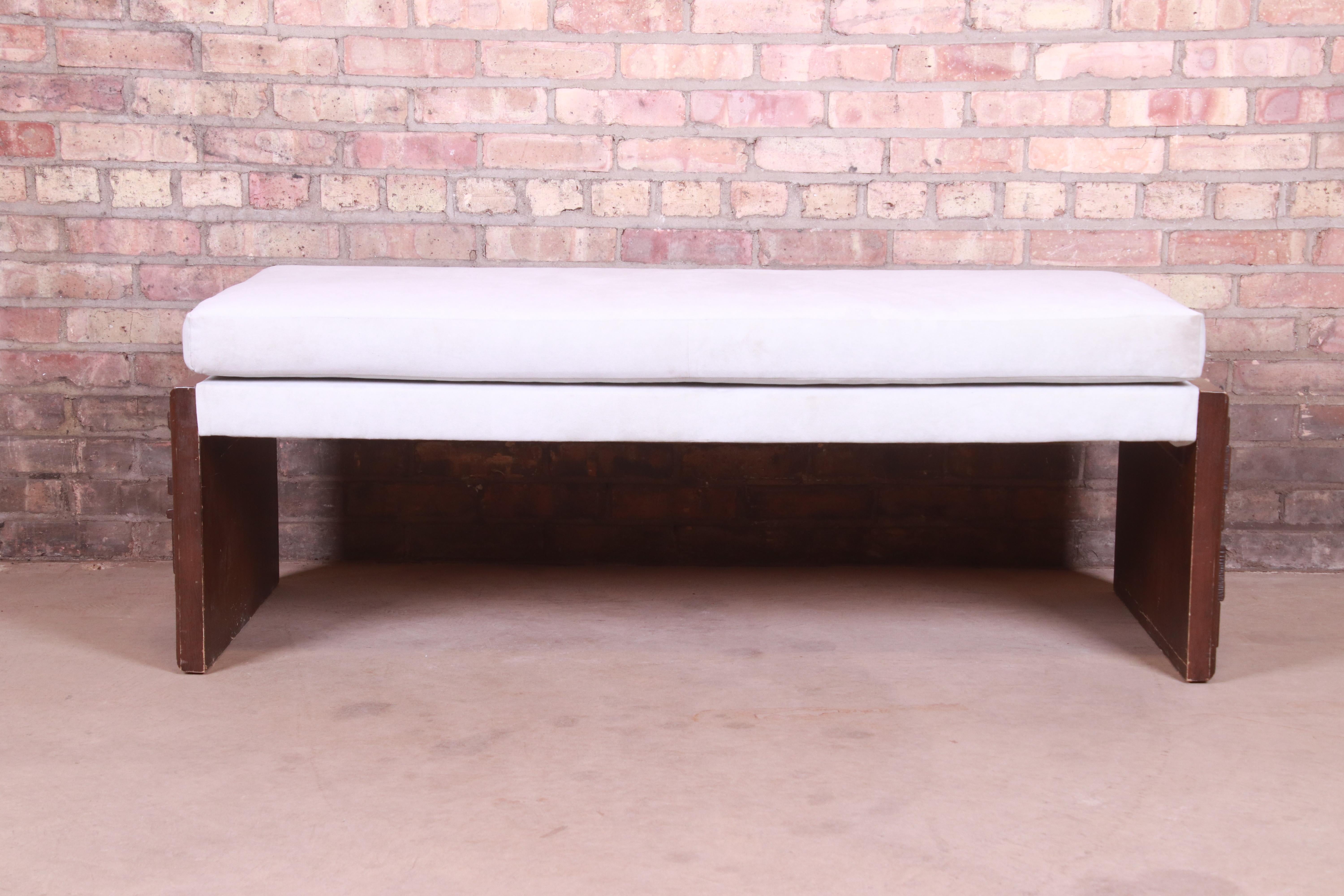 Late 20th Century Mid-Century Modern Brutalist Carved Walnut Upholstered Bench, 1973