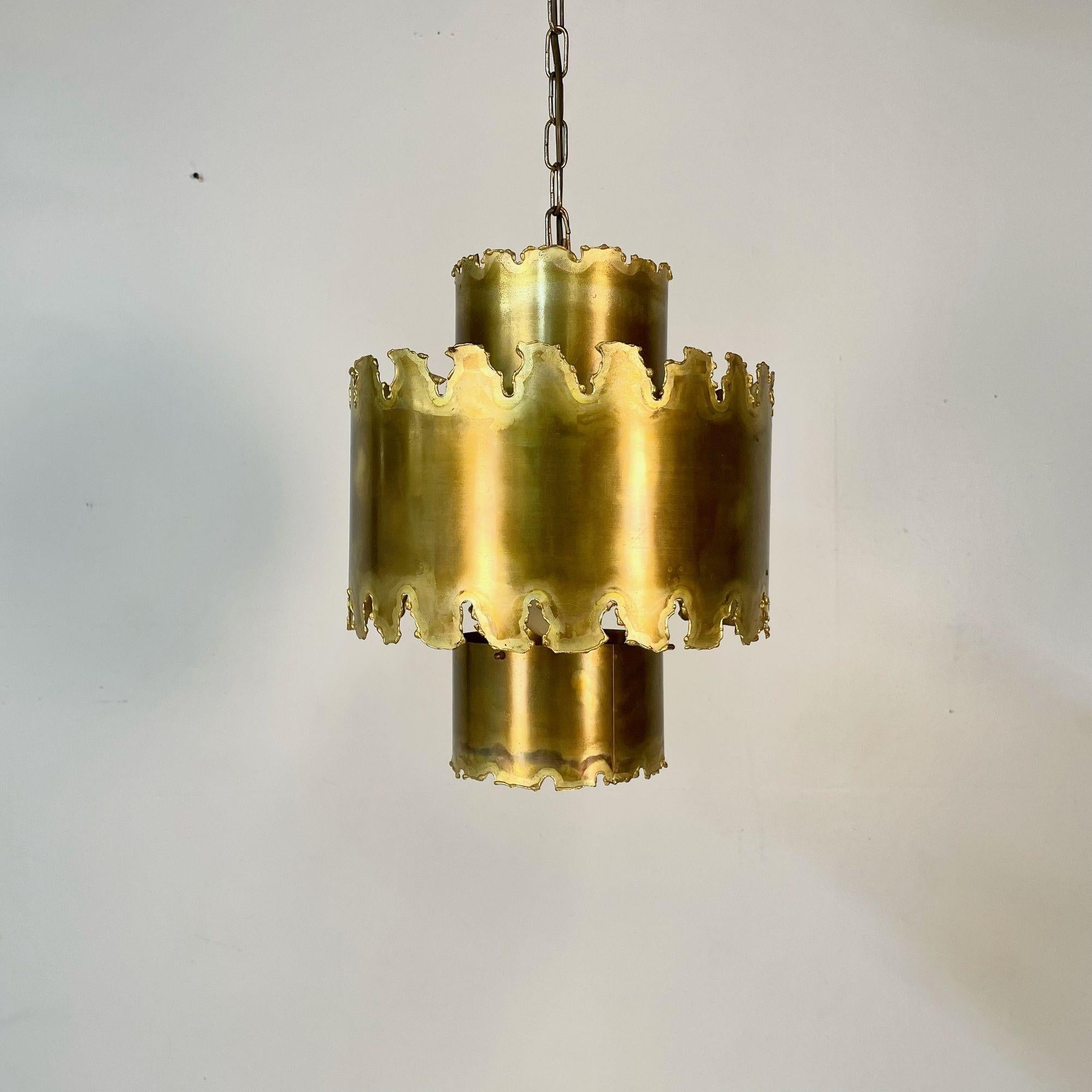 American Mid-Century Modern Brutalist Chandelier / Pendant by Tom Greene, Patinated Brass For Sale