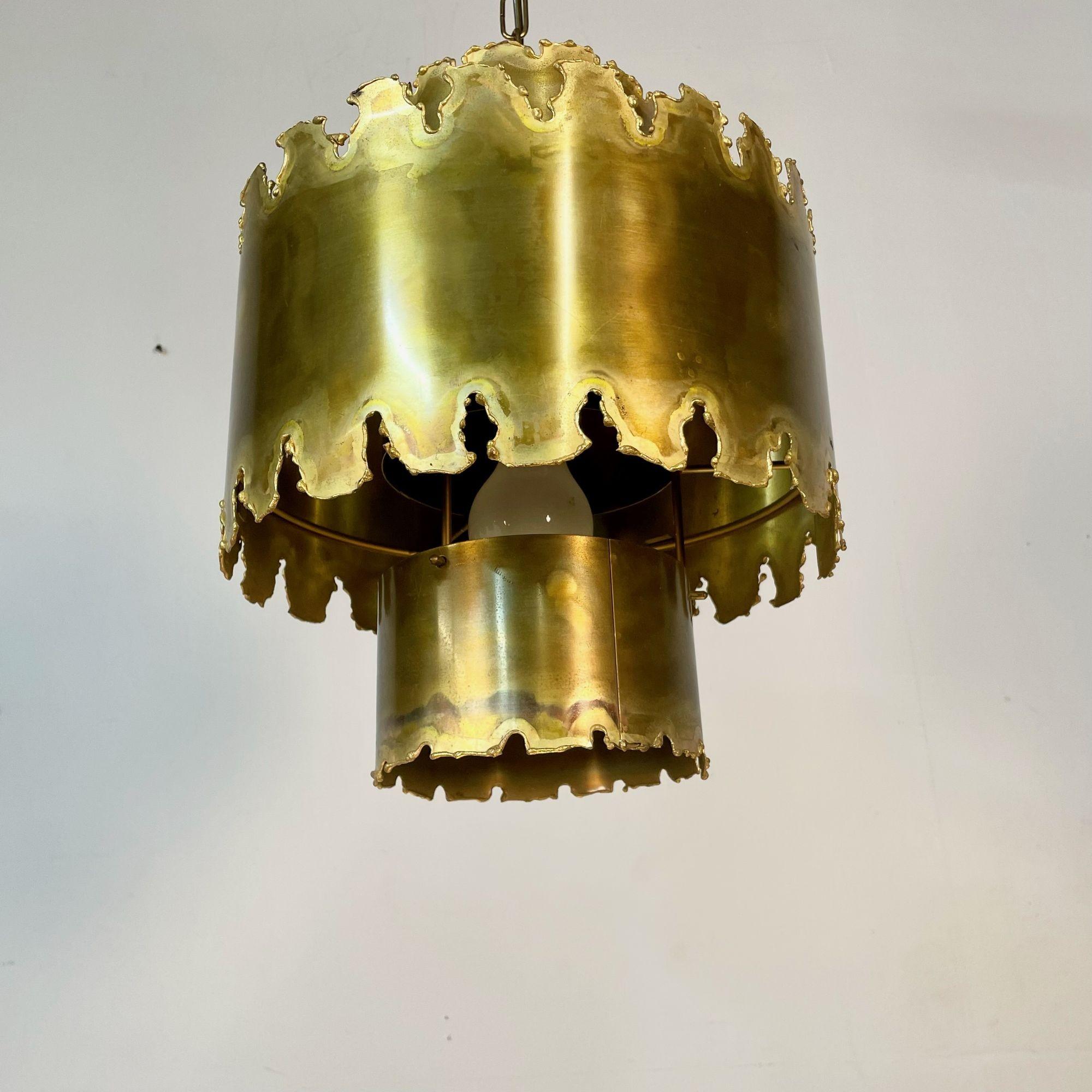 Mid-20th Century Mid-Century Modern Brutalist Chandelier / Pendant by Tom Greene, Patinated Brass For Sale