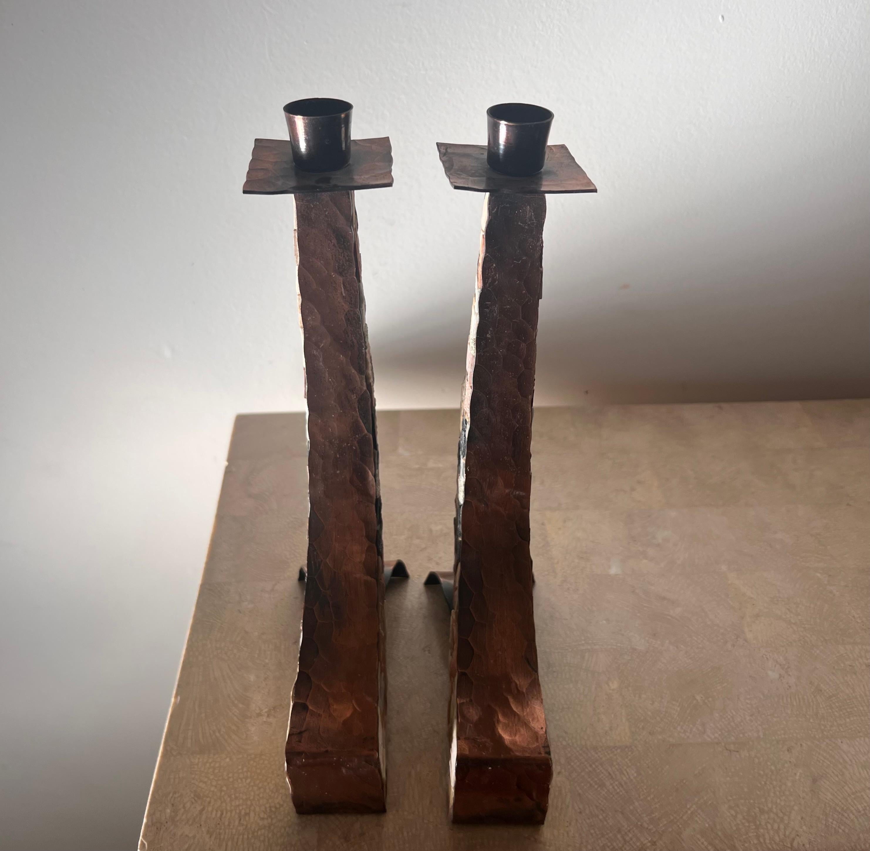 Mid century modern brutalist copper and stone candlesticks, mid 20th c 7