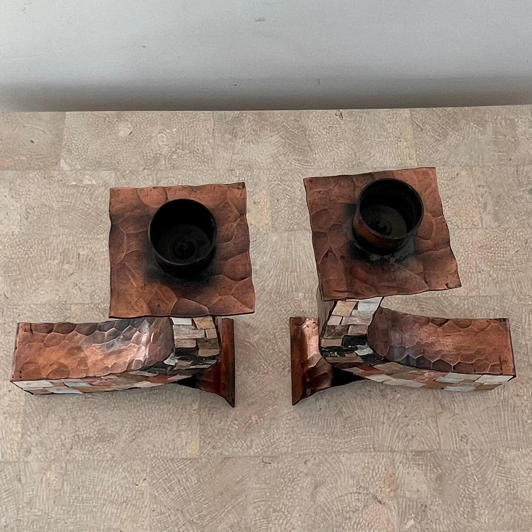 Mid century modern brutalist copper and stone candlesticks, mid 20th c 10