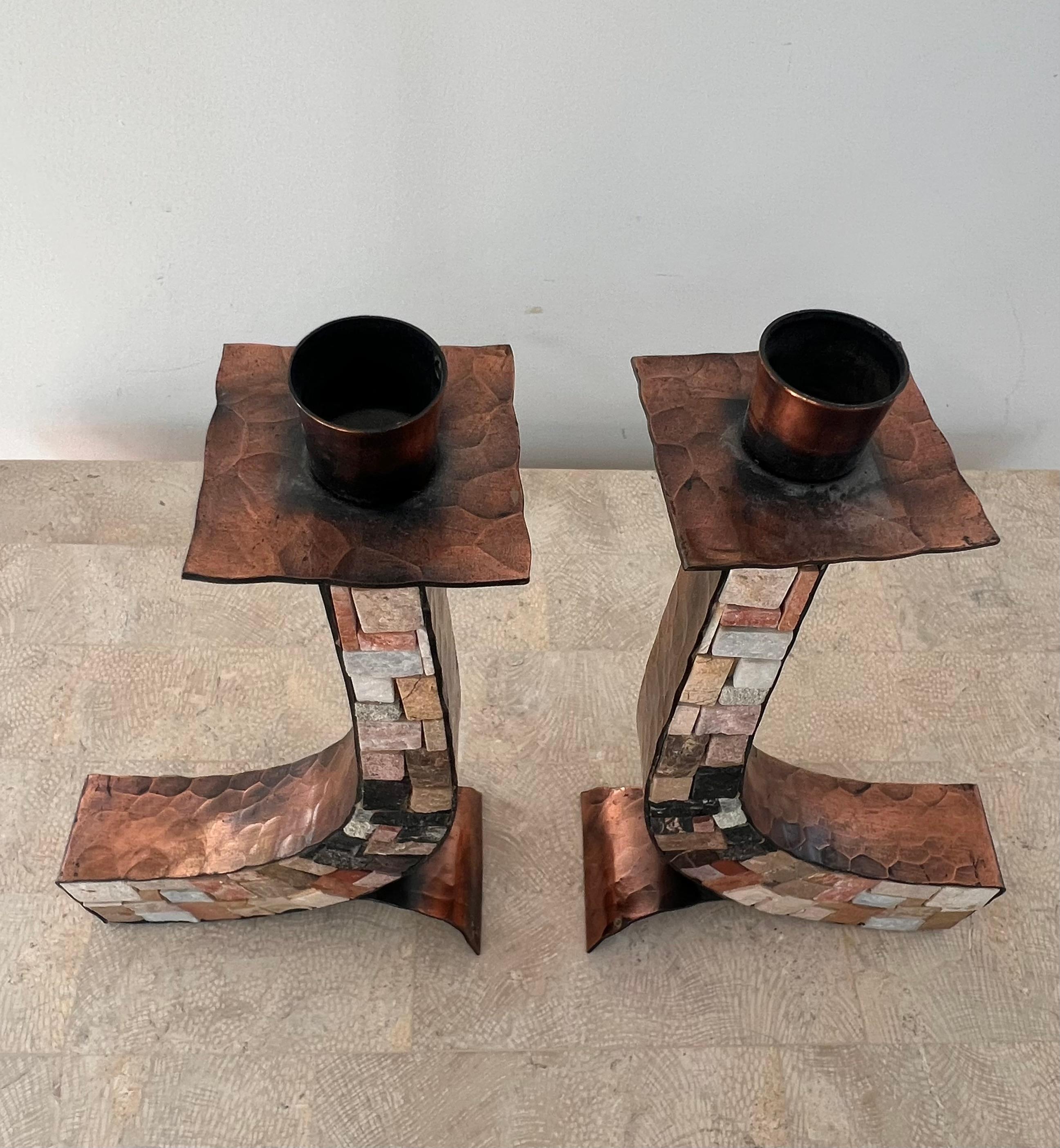 Mid century modern brutalist copper and stone candlesticks, mid 20th c 11