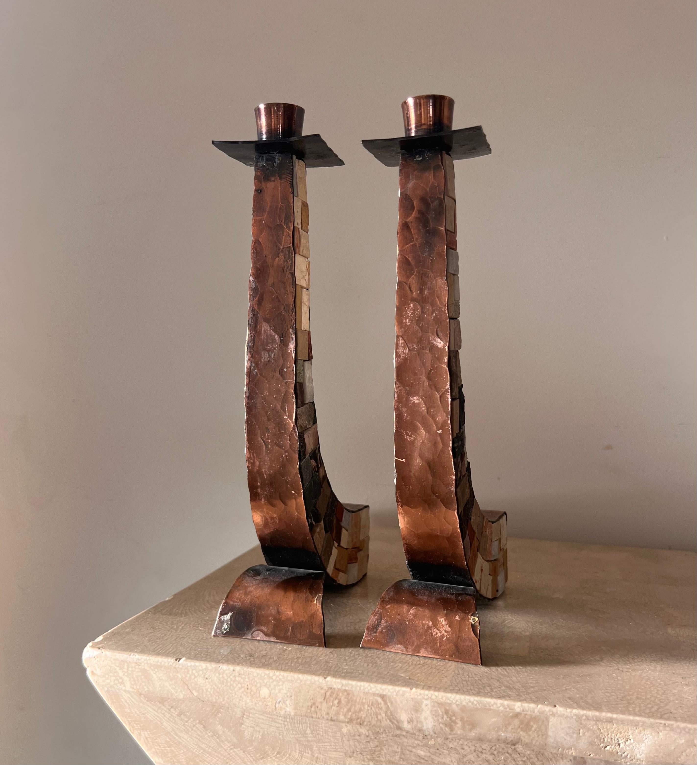 Mid century modern brutalist copper and stone candlesticks, mid 20th c 1