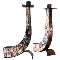 Mid century modern brutalist copper and stone candlesticks, mid 20th c