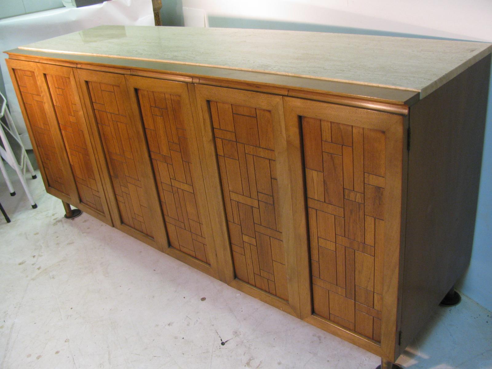 Mid-Century Modern Brutalist Credenza, Dresser by Bert England Travertine Top In Good Condition In Port Jervis, NY