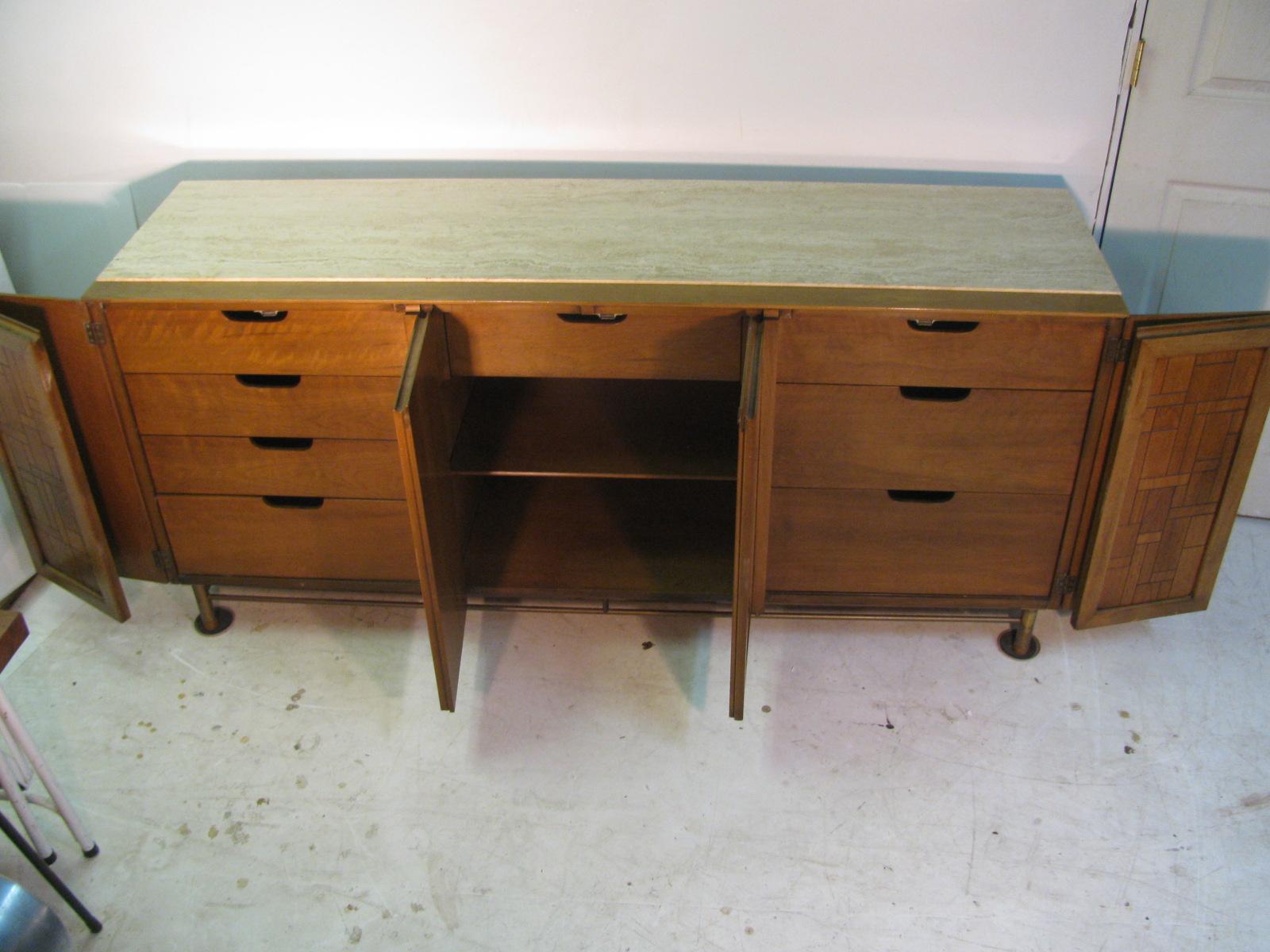 Brass Mid-Century Modern Brutalist Credenza, Dresser by Bert England Travertine Top