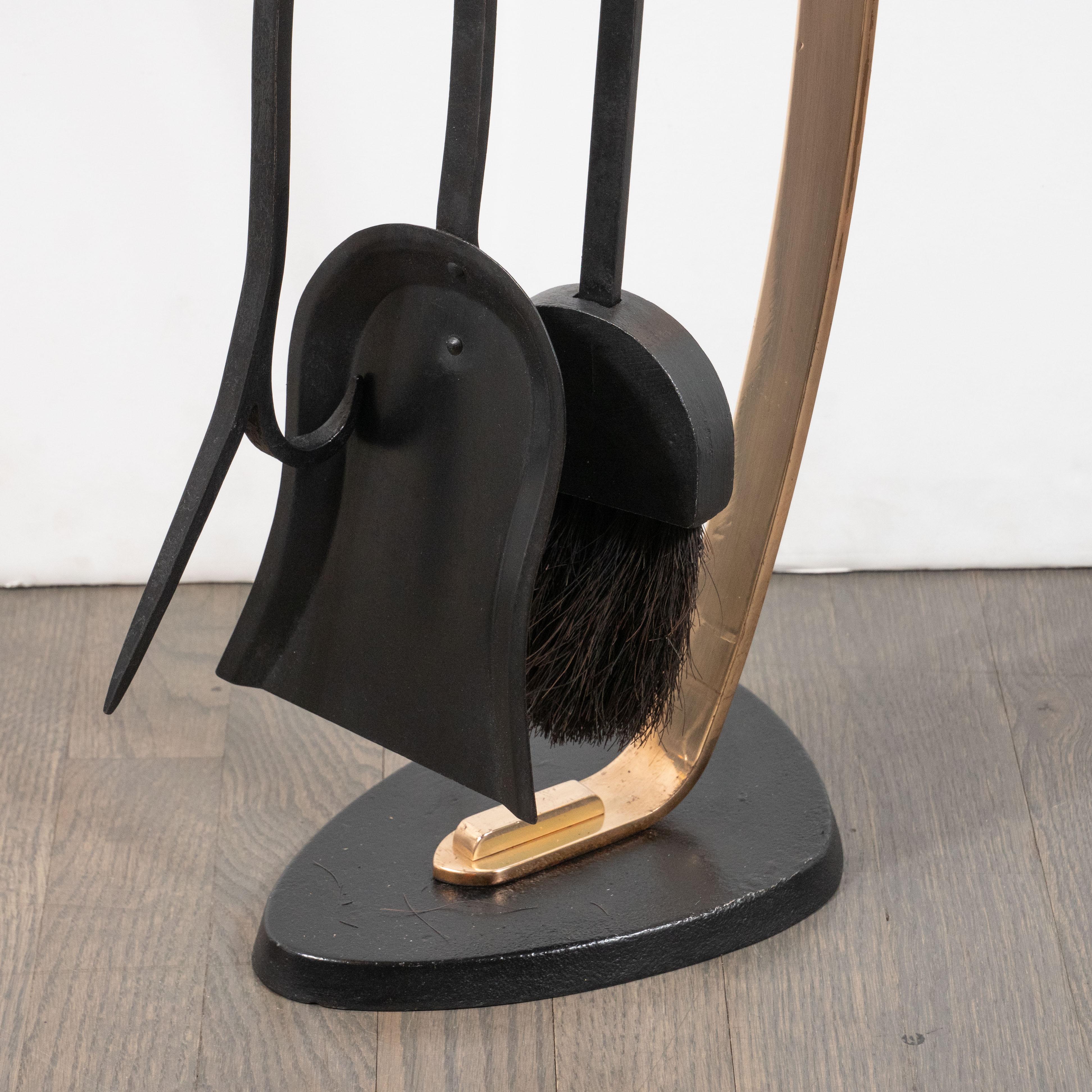 Mid-Century Modern Brutalist Flame Four Piece Bronze & Black Enamel Firetool Set In Excellent Condition For Sale In New York, NY