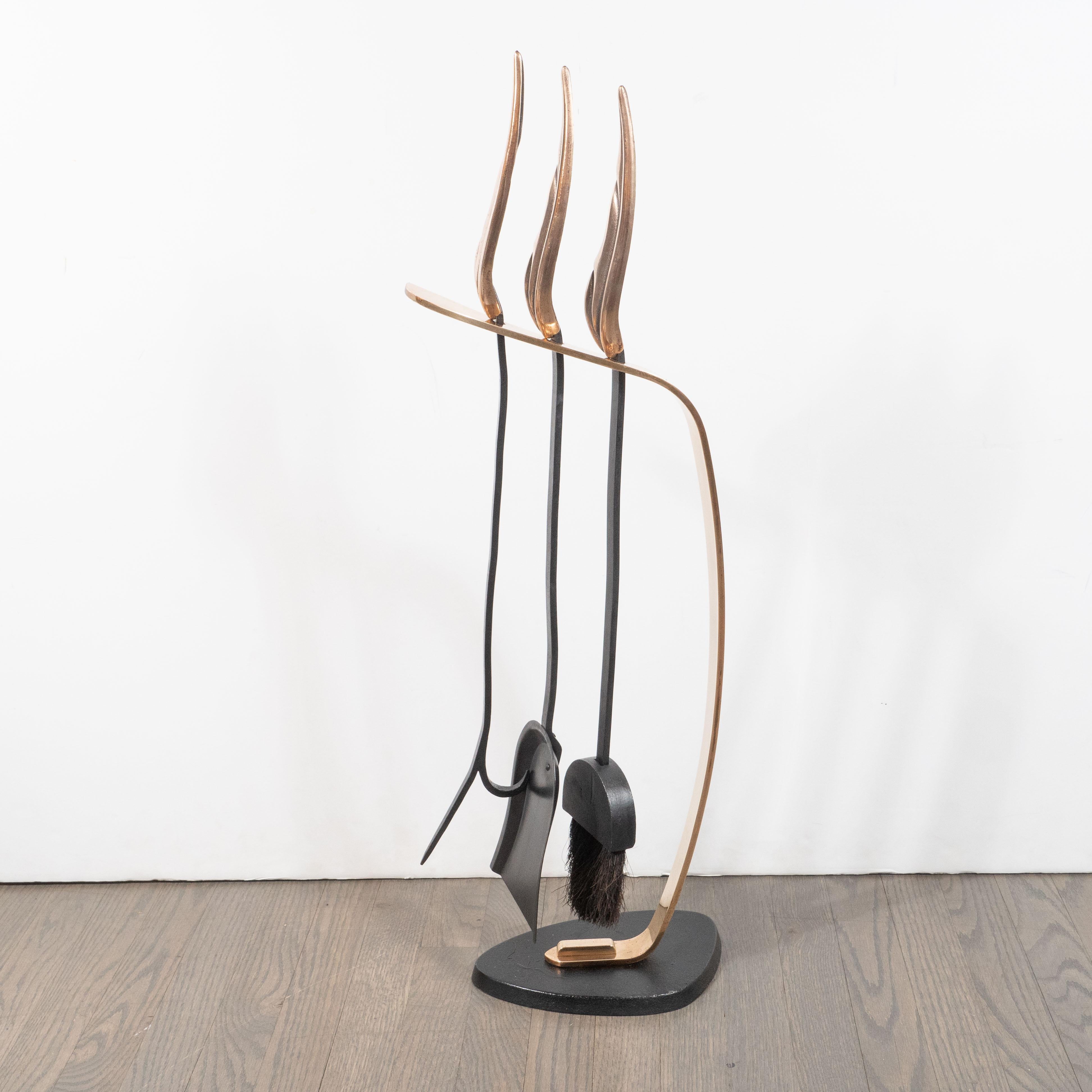 Mid-20th Century Mid-Century Modern Brutalist Flame Four Piece Bronze & Black Enamel Firetool Set For Sale